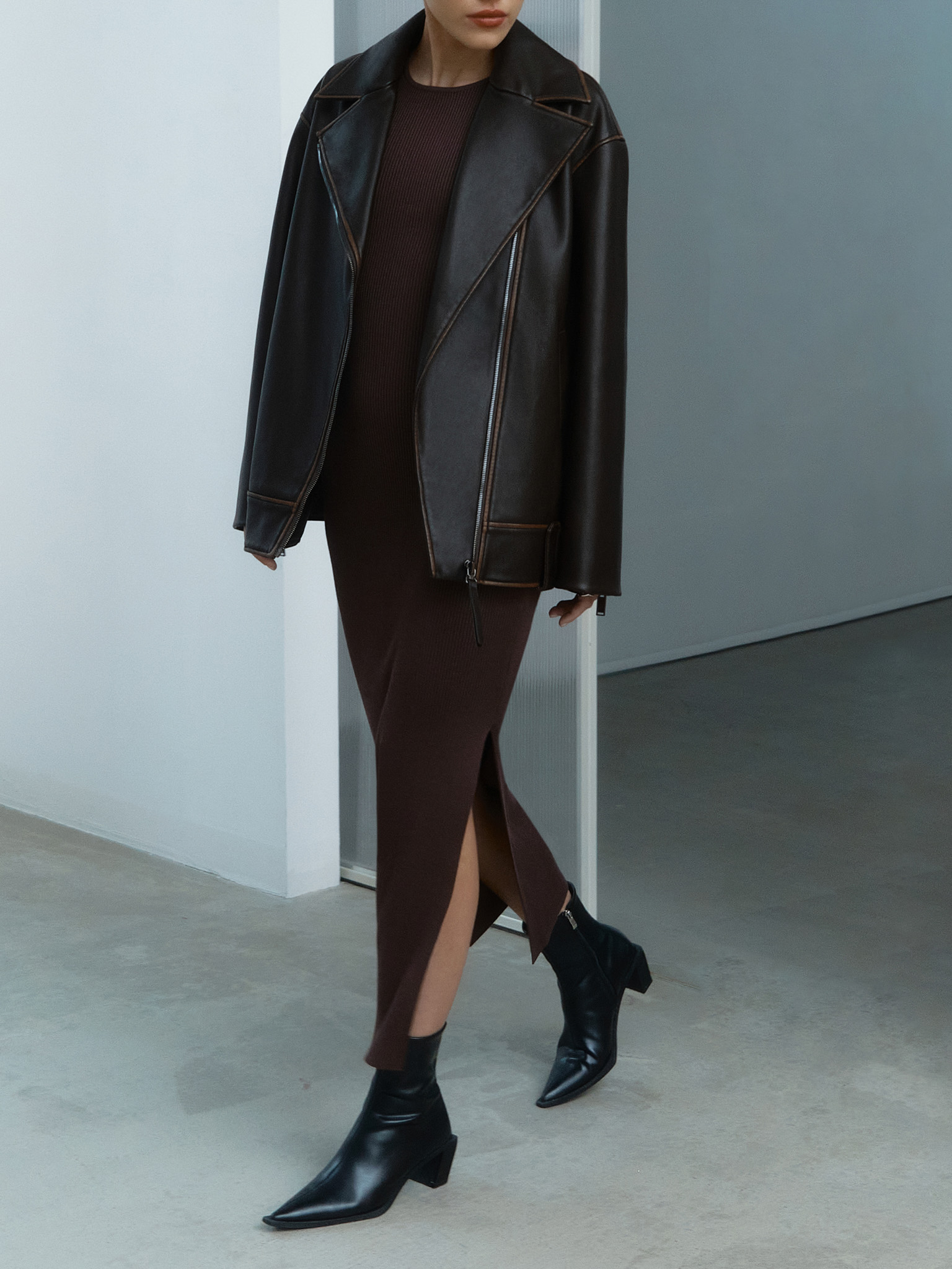 Long eco-leather jacket with zip fastening