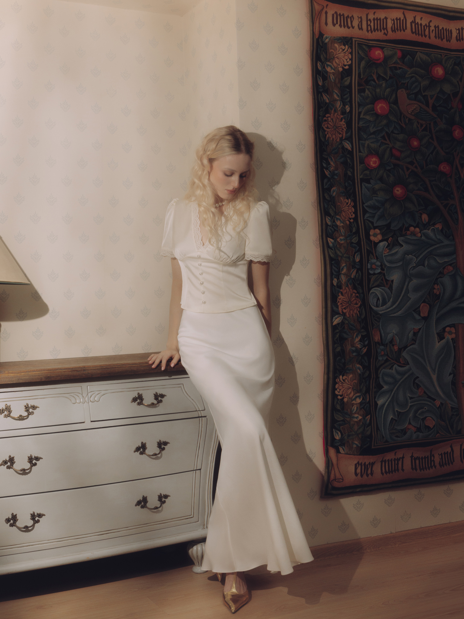 Satin blouse with lace decor