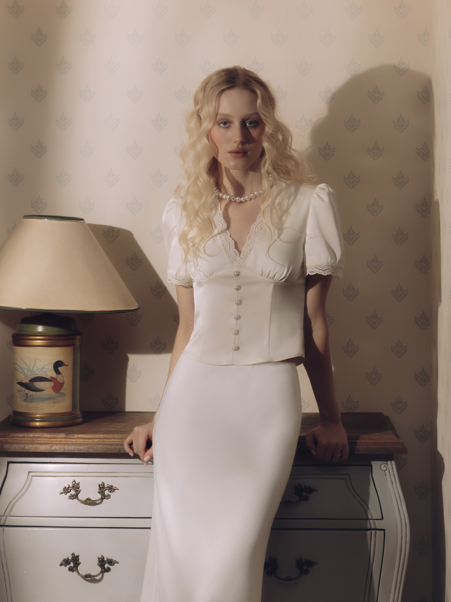 Satin blouse with lace decor