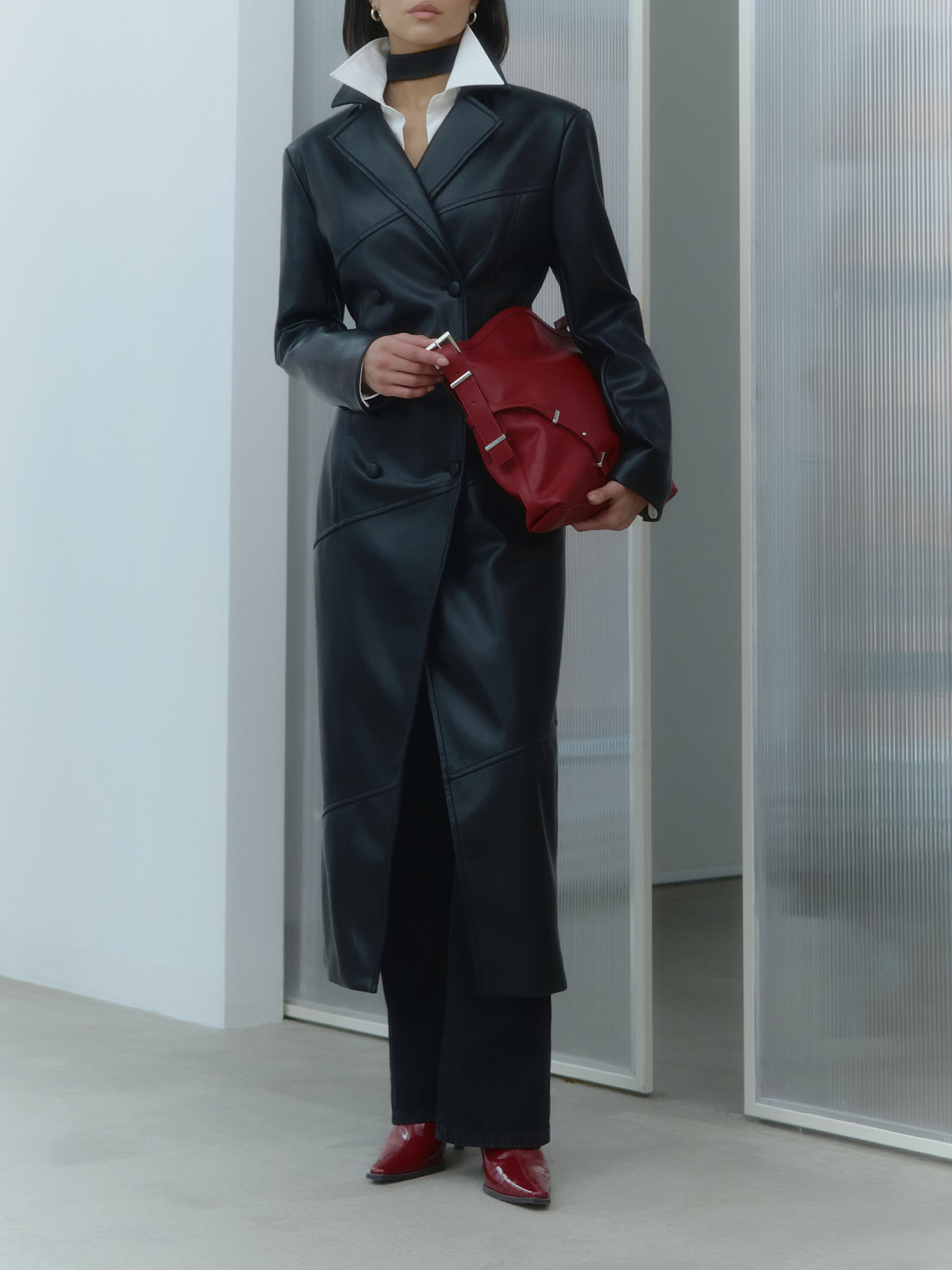 Button-up eco-leather maxi trench coat