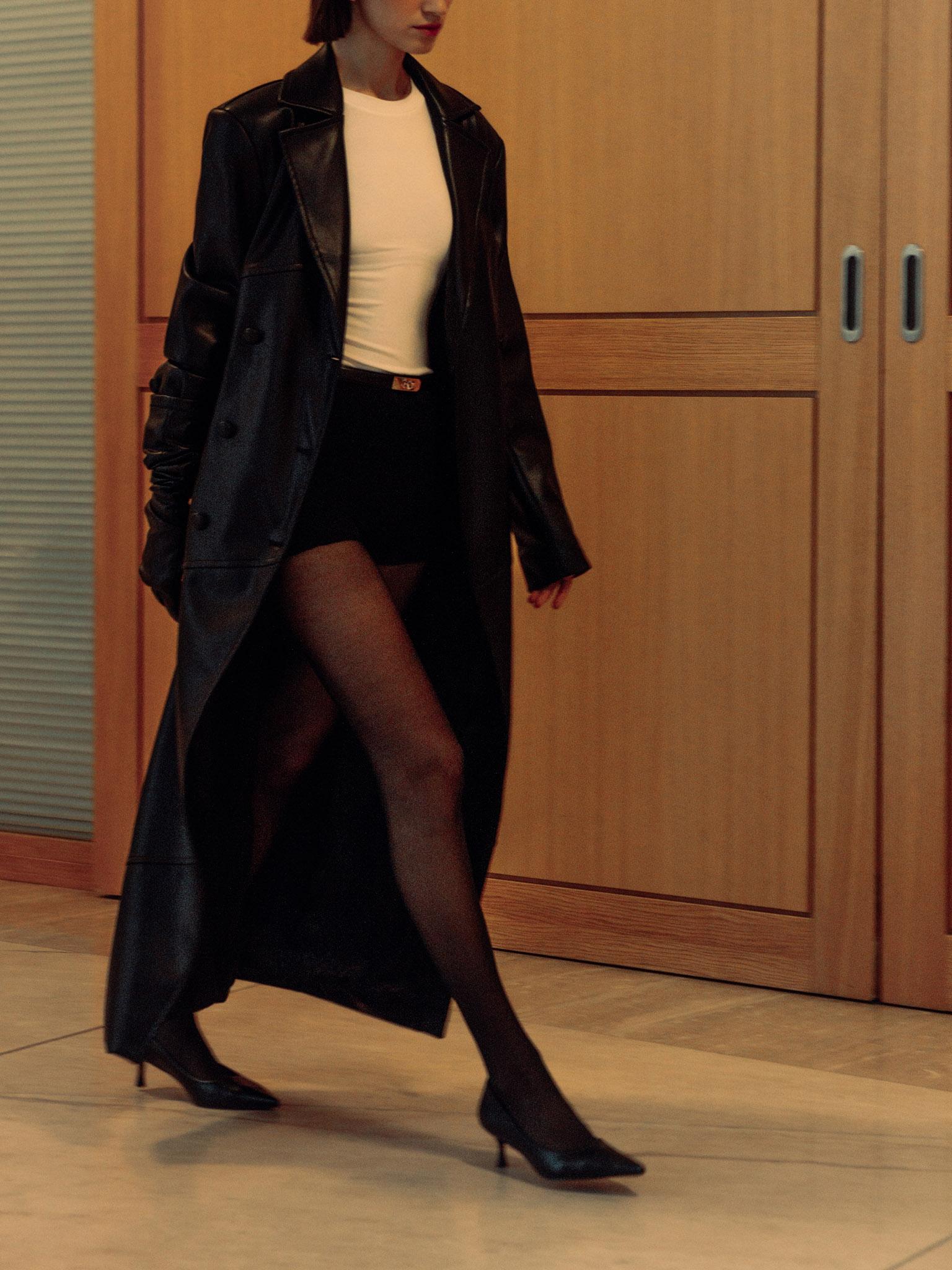 Button-up eco-leather maxi trench coat