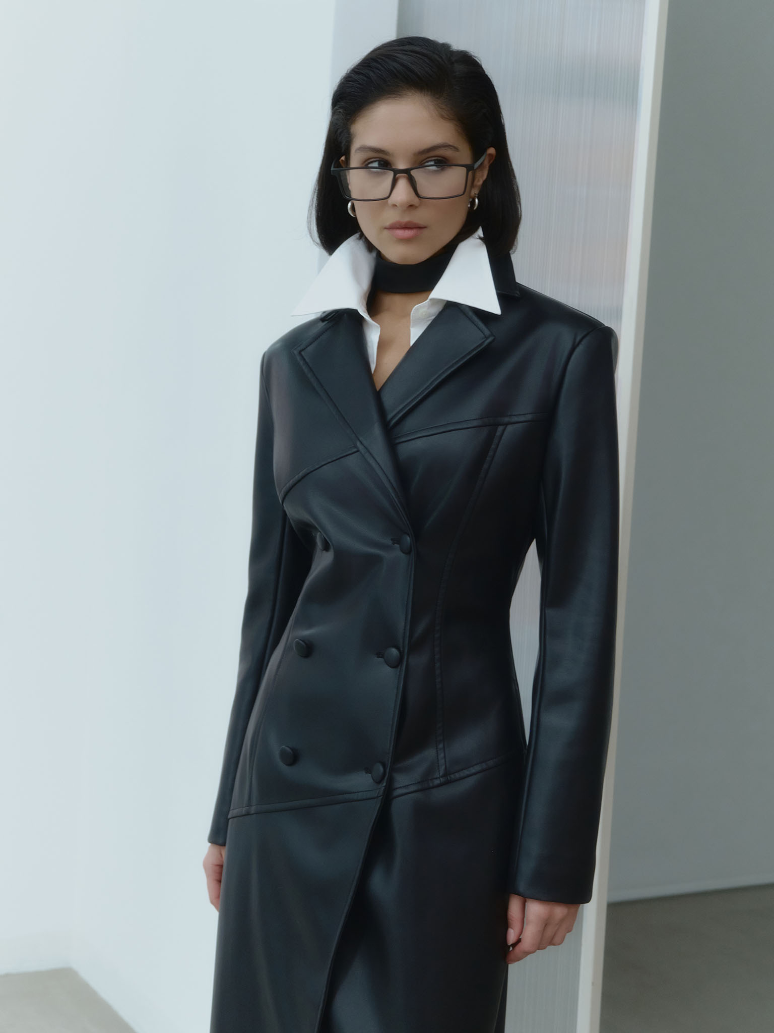 Button-up eco-leather maxi trench coat