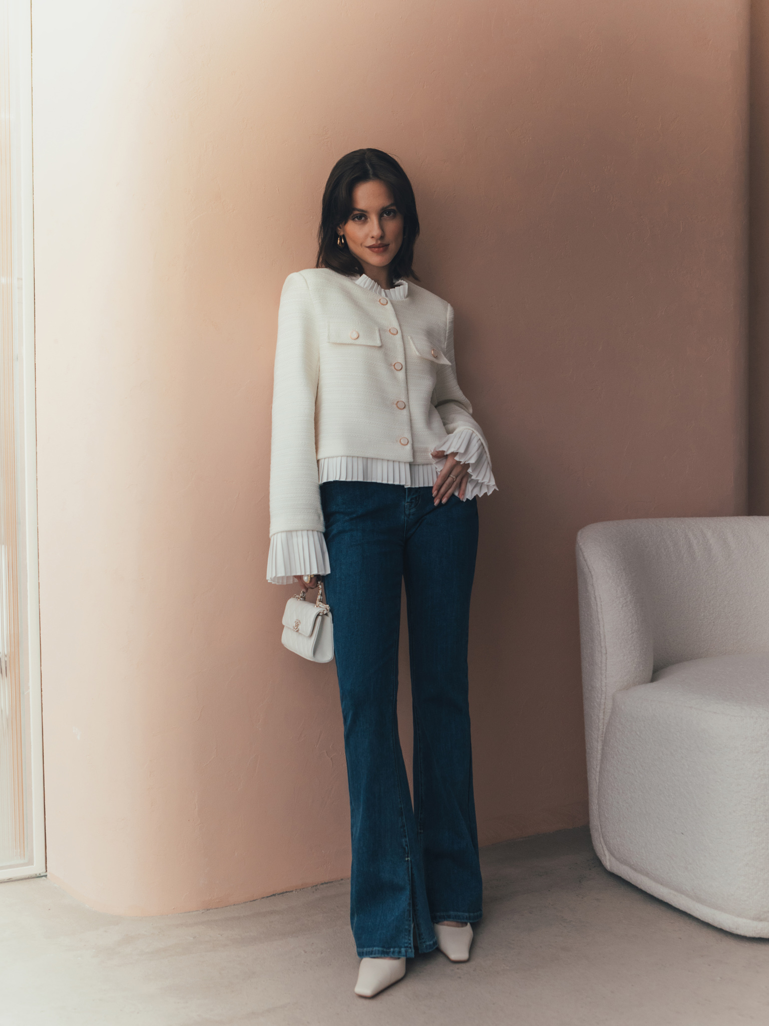 Straight tweed jacket with pleated details