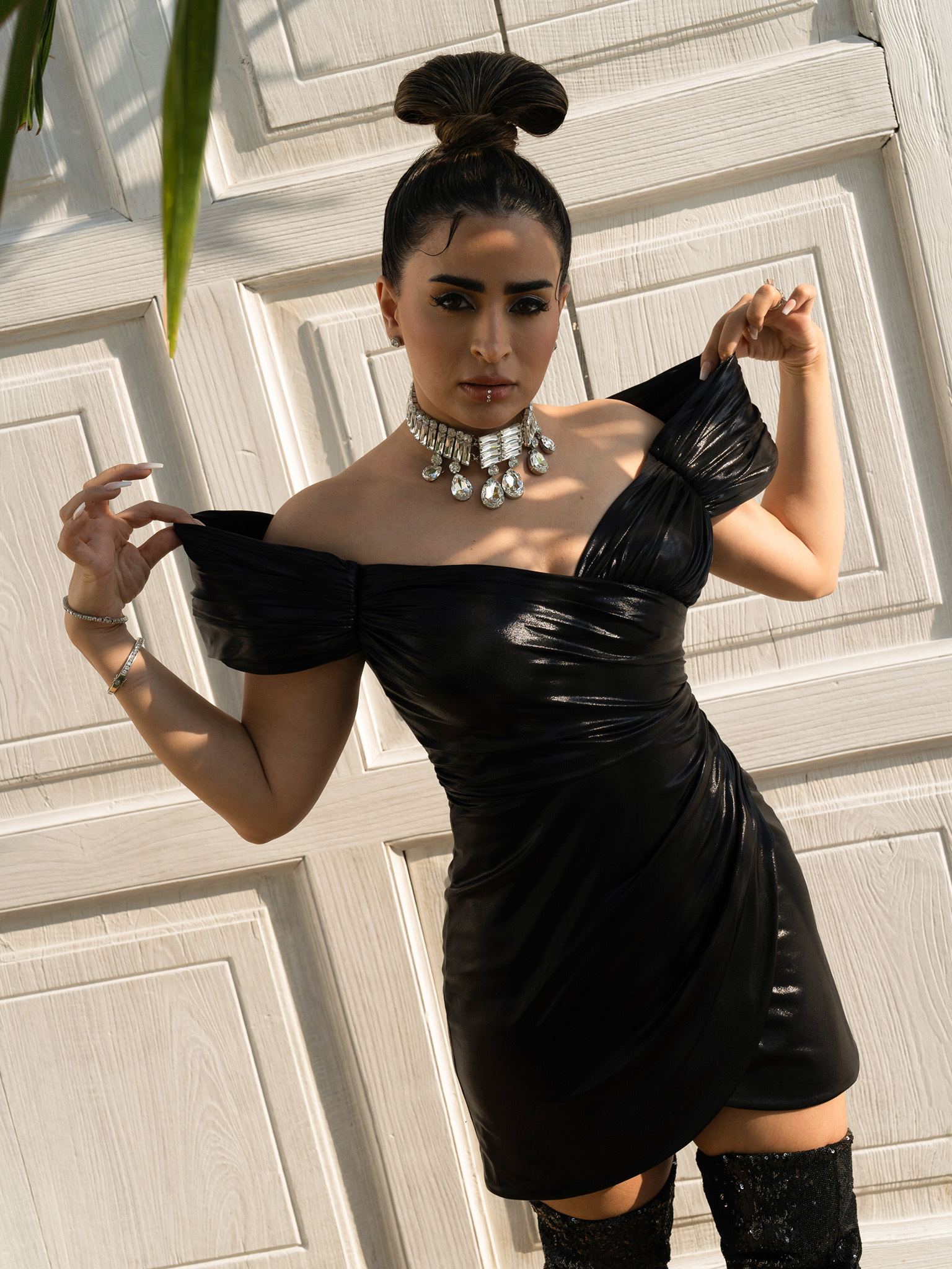 Mini dress in smooth fabric with small gathers