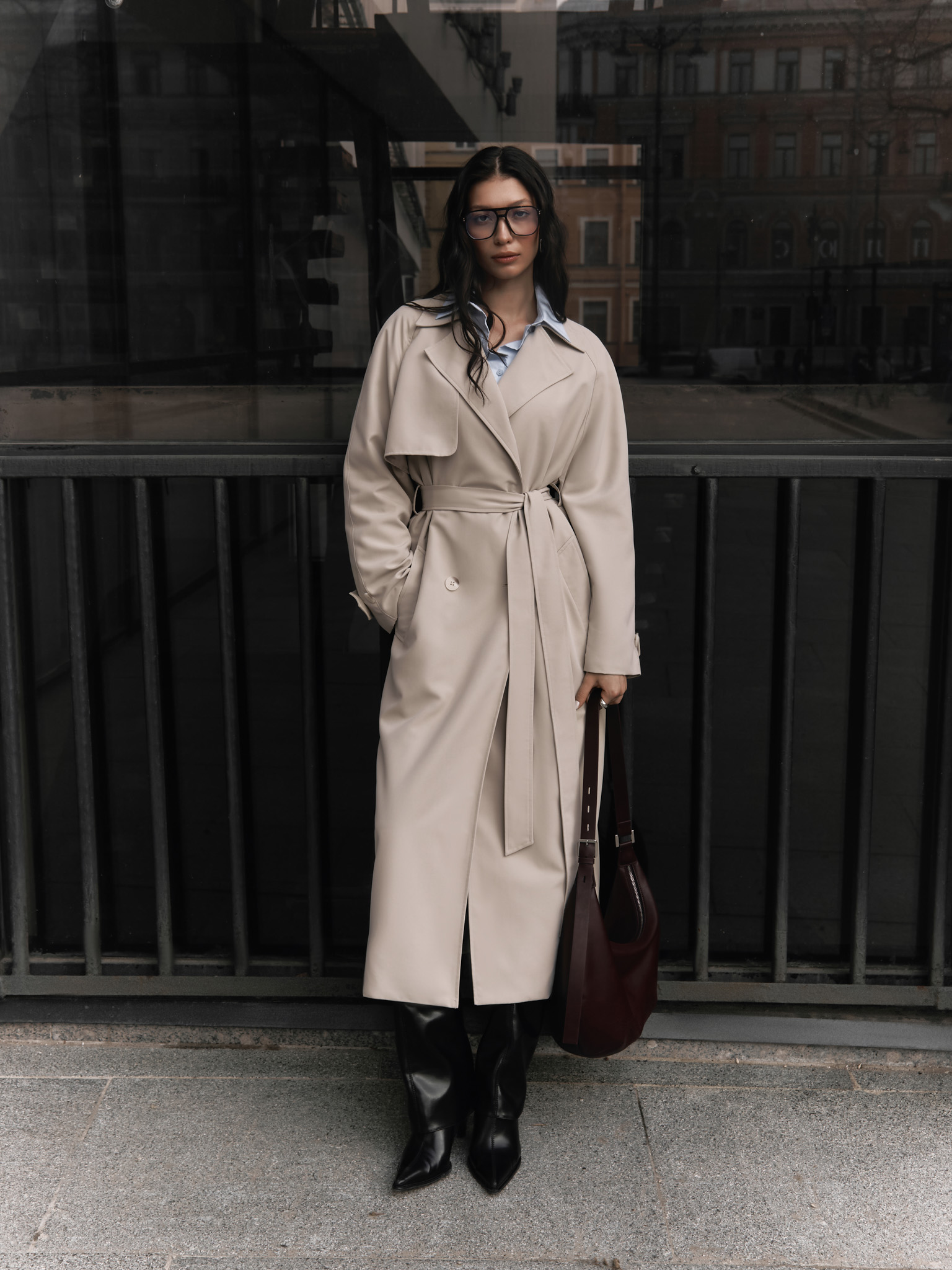 Double-breasted maxi trench coat with matching belt
