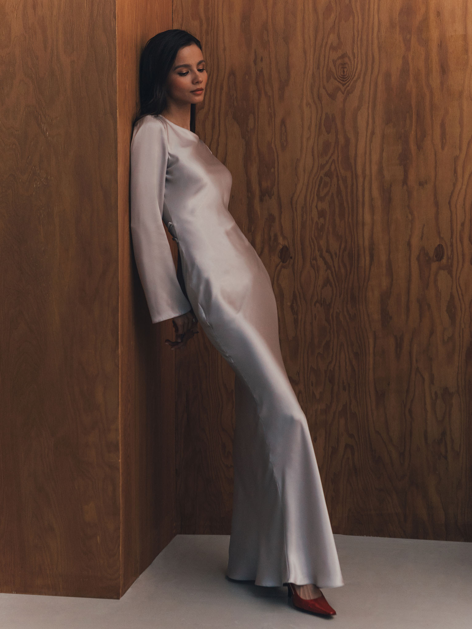 Satin maxi dress with asymmetric gathers and lace-up detailing