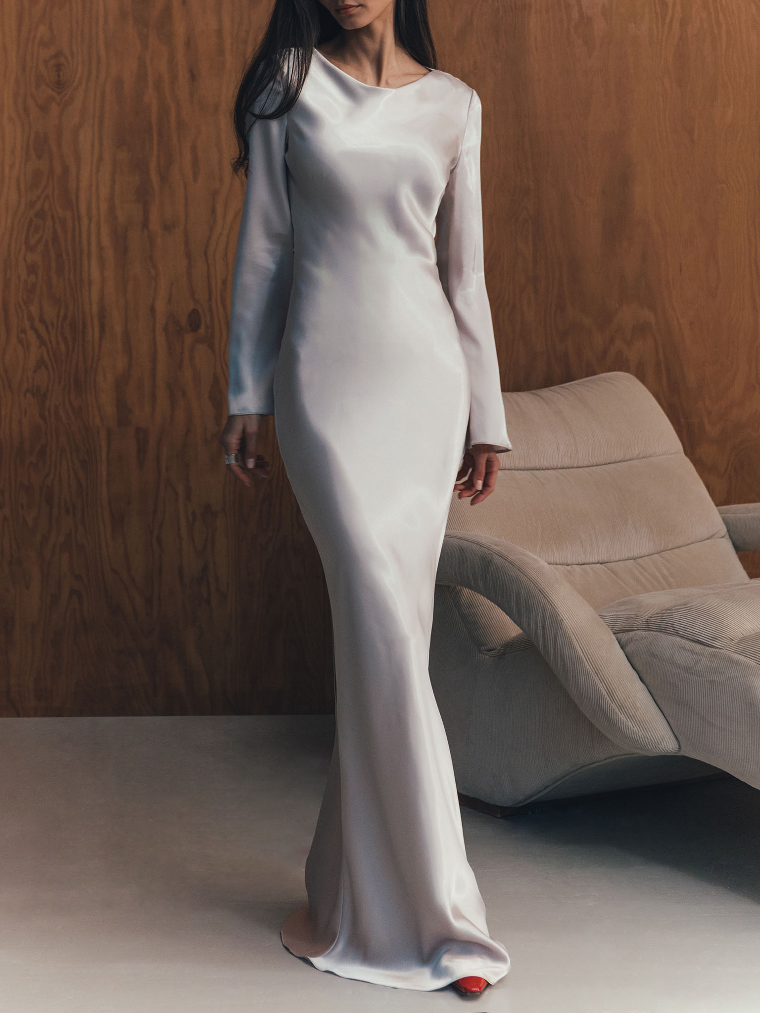 Satin maxi dress with asymmetric gathers and lace-up detailing