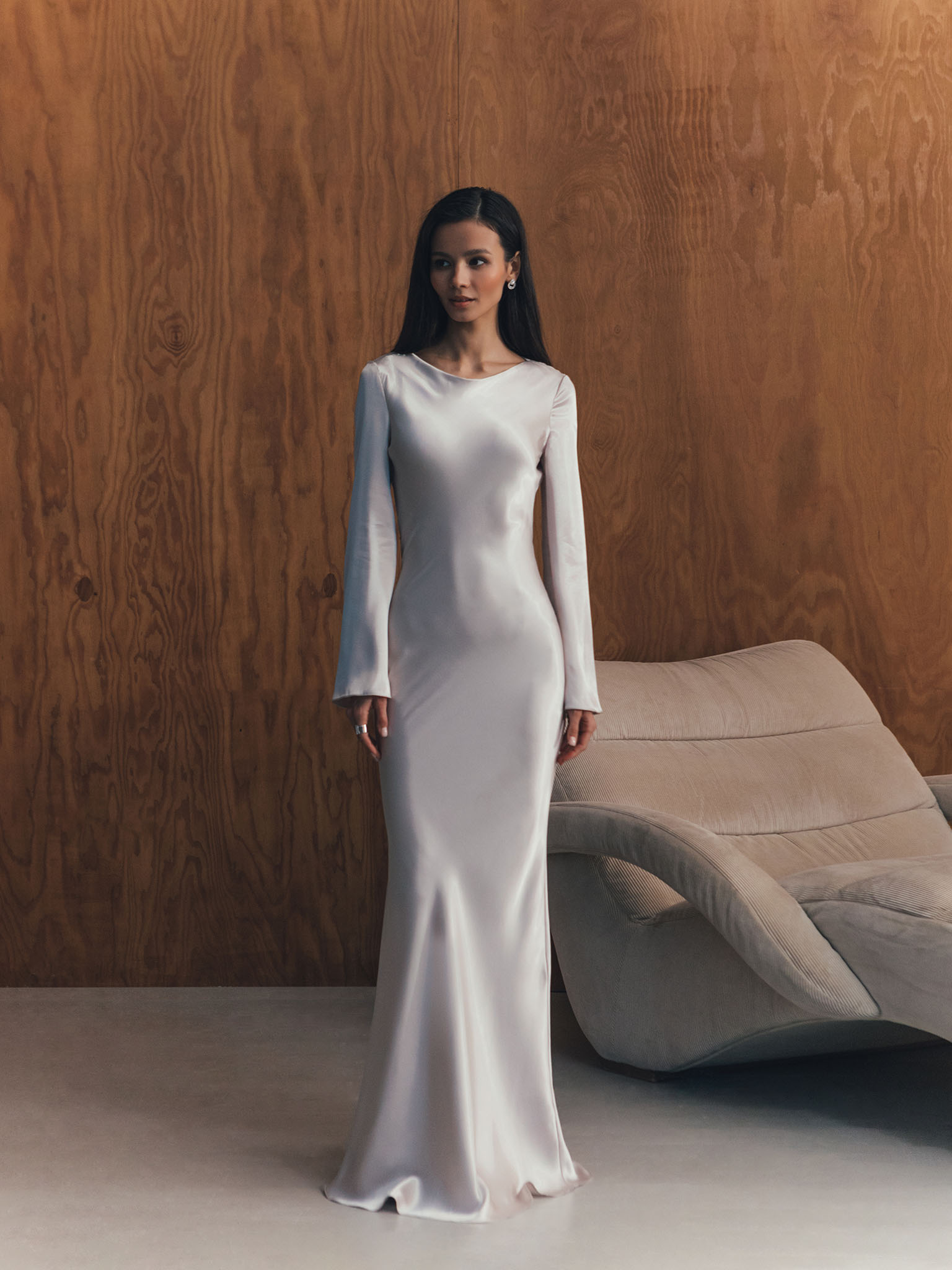 Satin maxi dress with asymmetric gathers and lace-up detailing