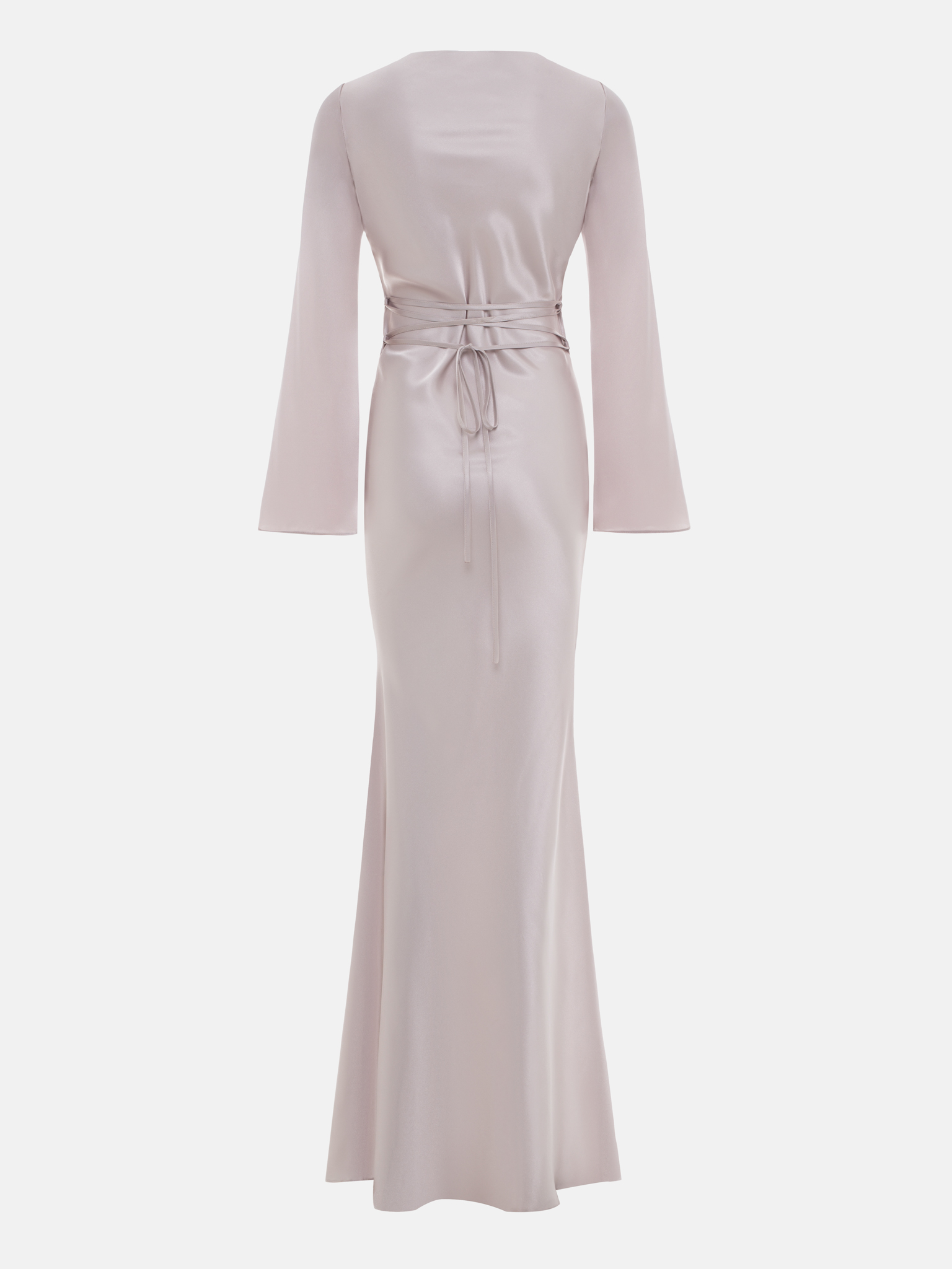 Satin maxi dress with asymmetric gathers and lace-up detailing