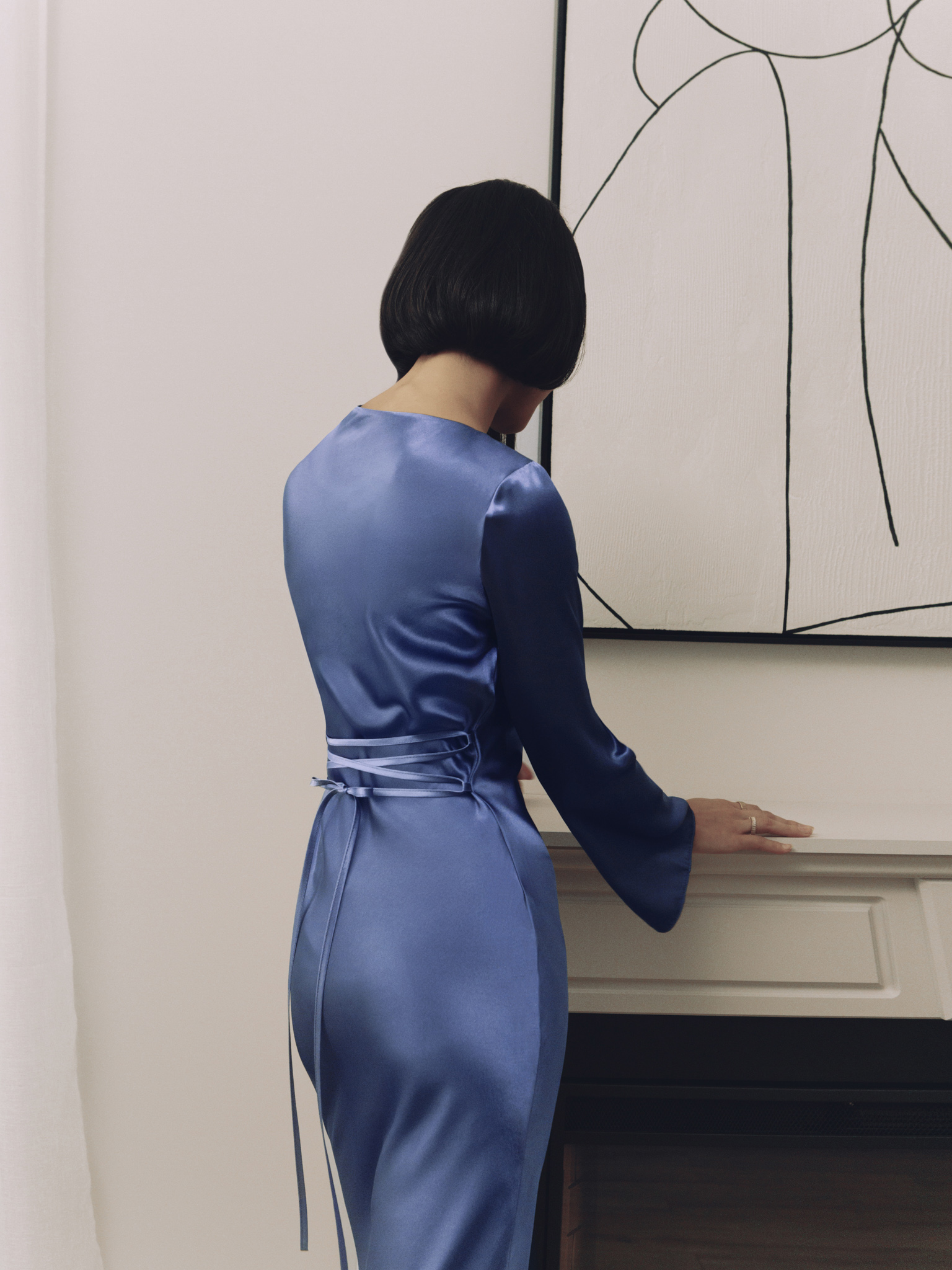 Satin maxi dress with asymmetric gathers and lace-up detailing