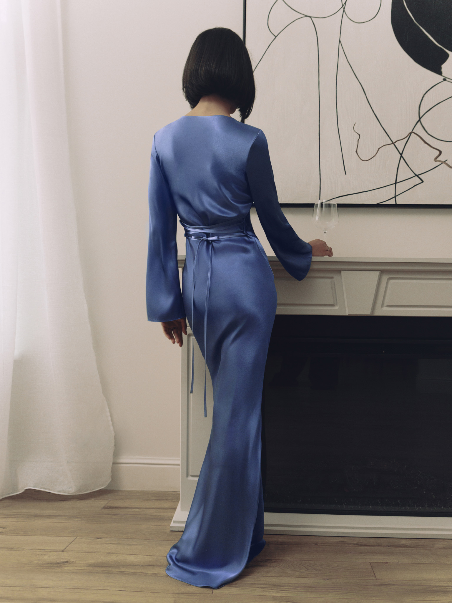 Satin maxi dress with asymmetric gathers and lace-up detailing