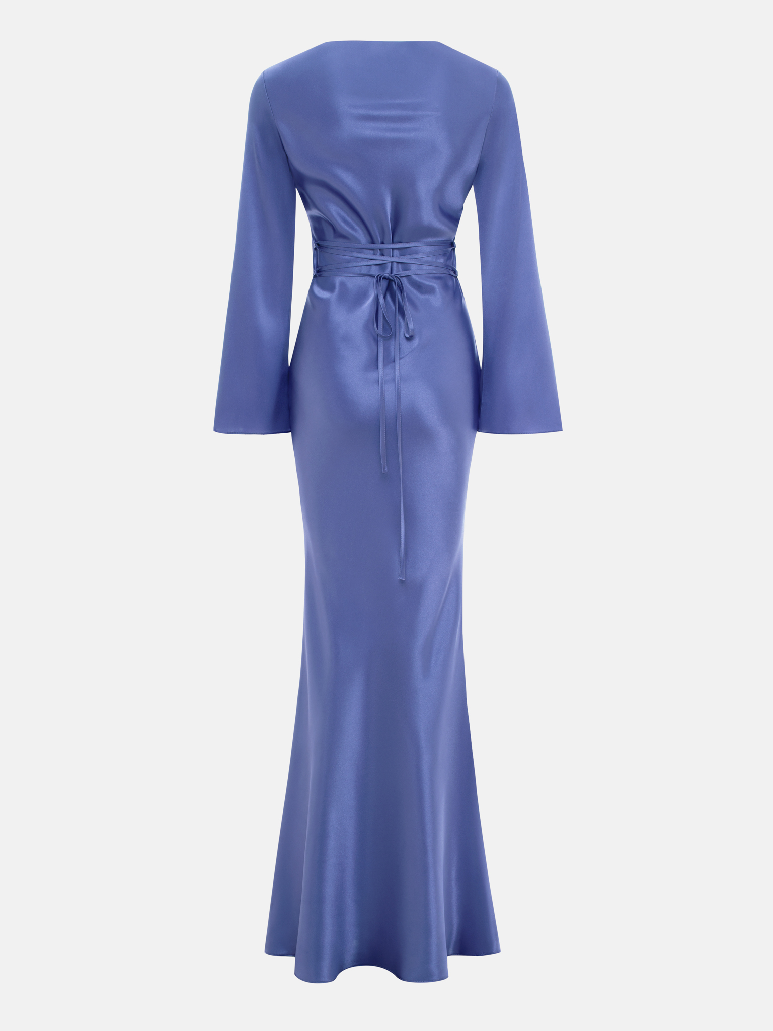 Satin maxi dress with asymmetric gathers and lace-up detailing