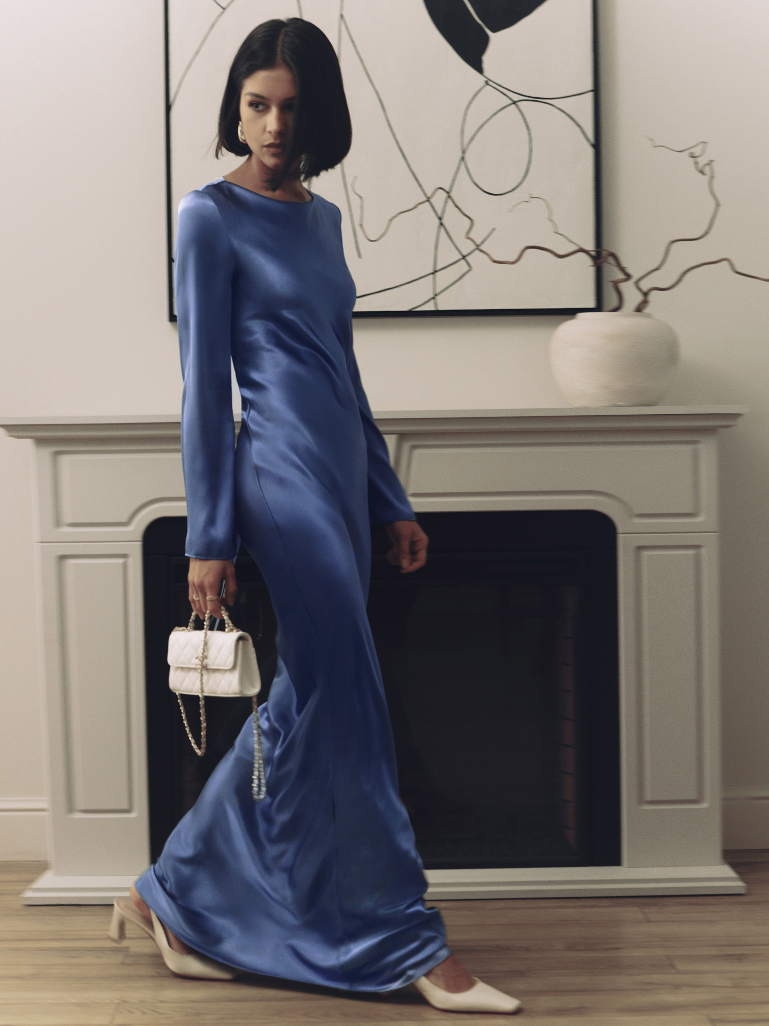 Satin maxi dress with asymmetric gathers and lace-up detailing