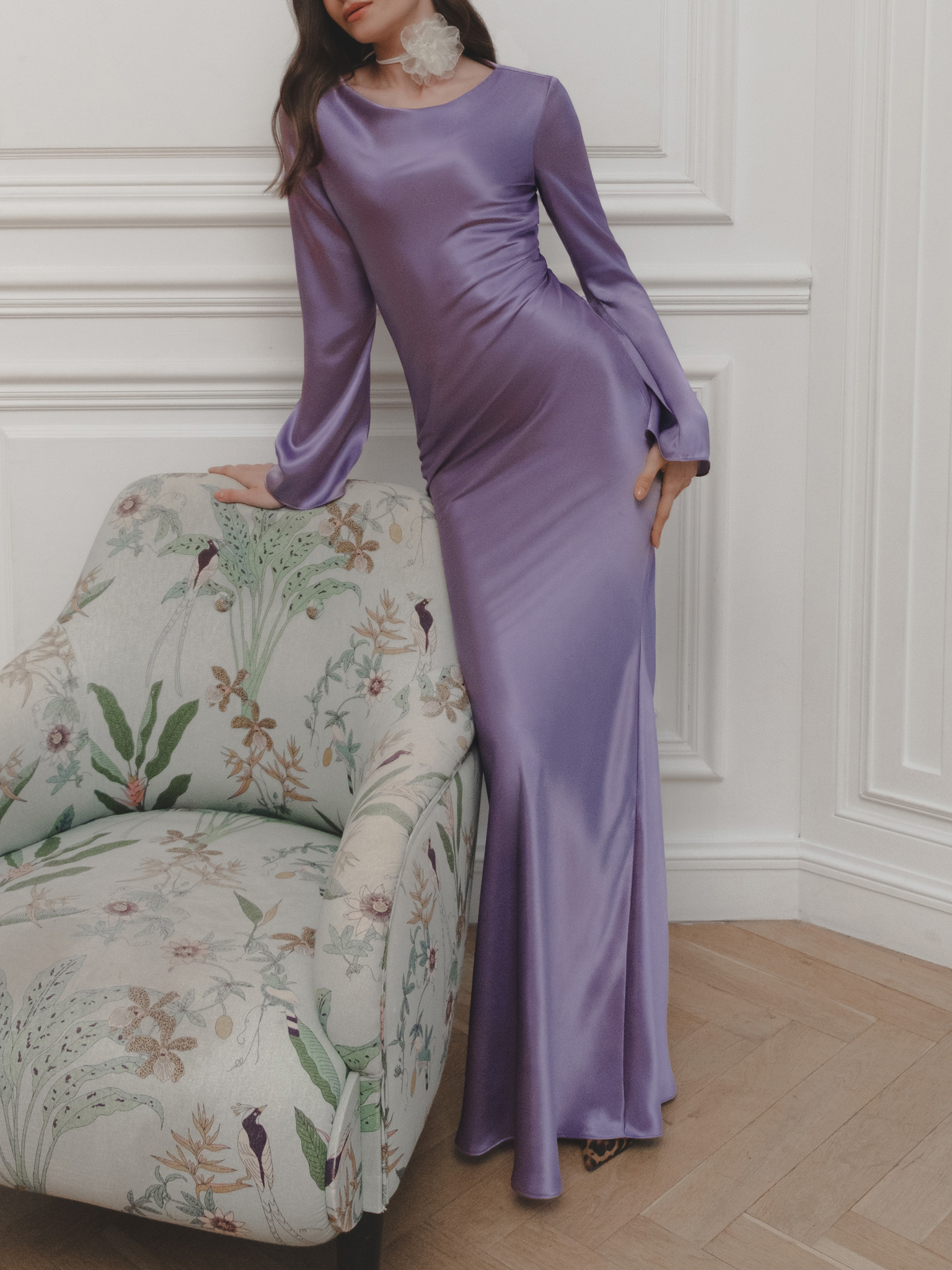 Satin maxi dress with asymmetric gathers and lace-up detailing