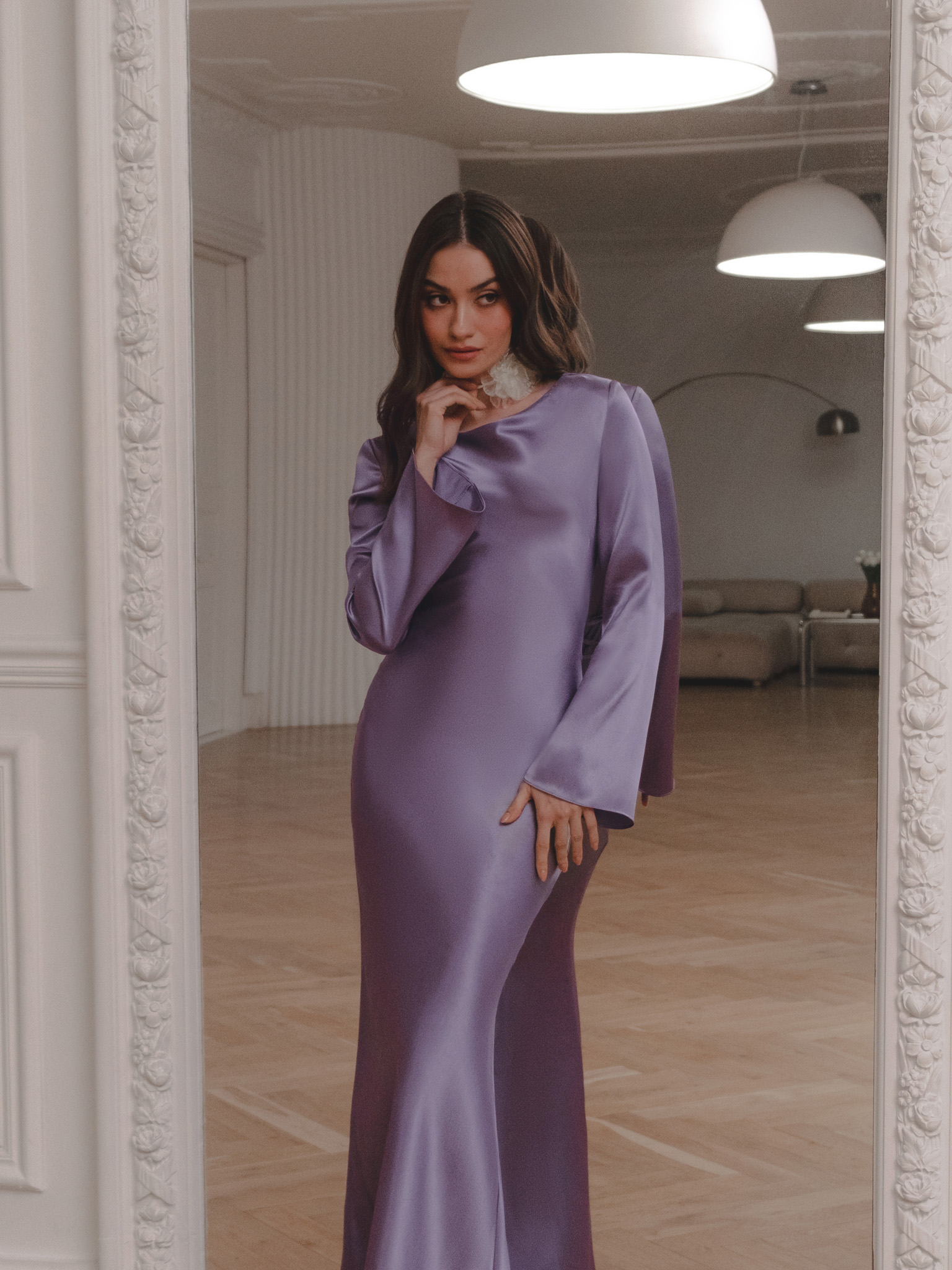 Satin maxi dress with asymmetric gathers and lace-up detailing