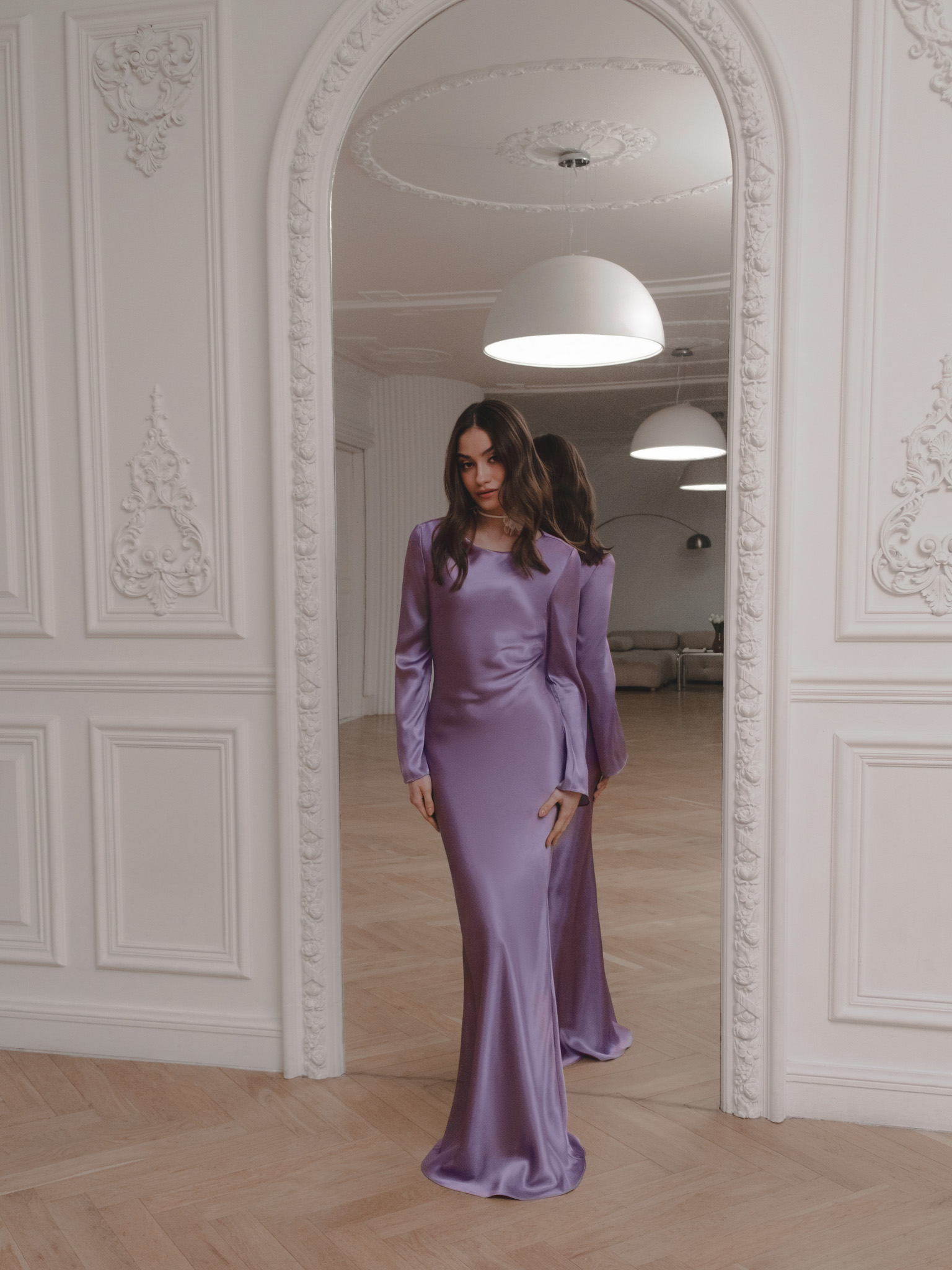 Satin maxi dress with asymmetric gathers and lace-up detailing