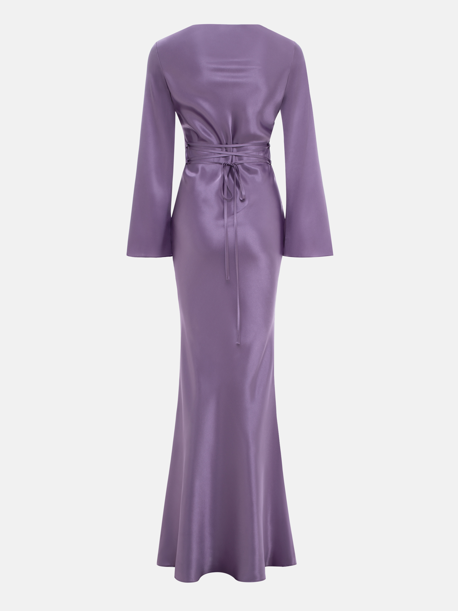 Satin maxi dress with asymmetric gathers and lace-up detailing