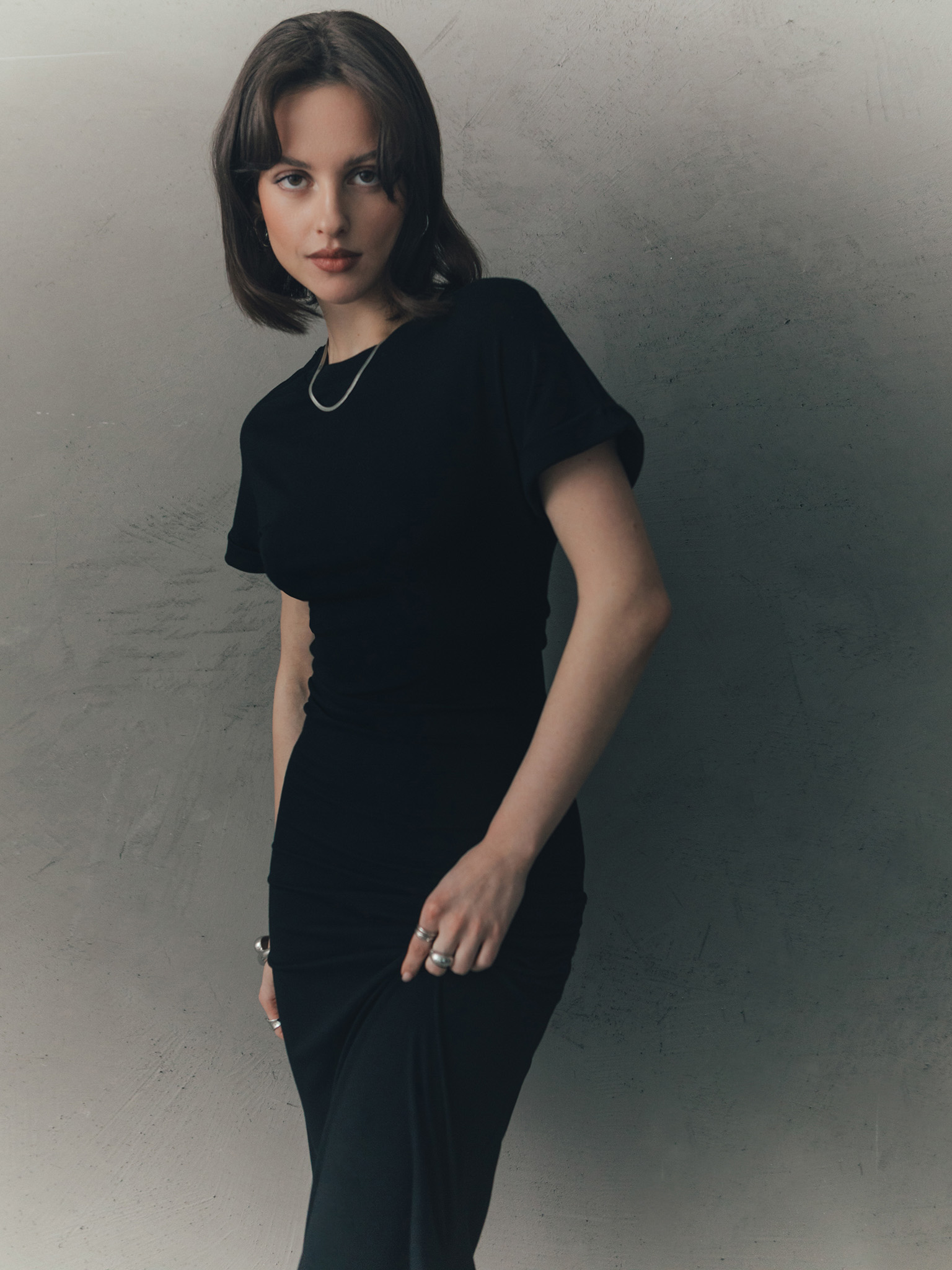 Fitted maxi dress with short sleeves