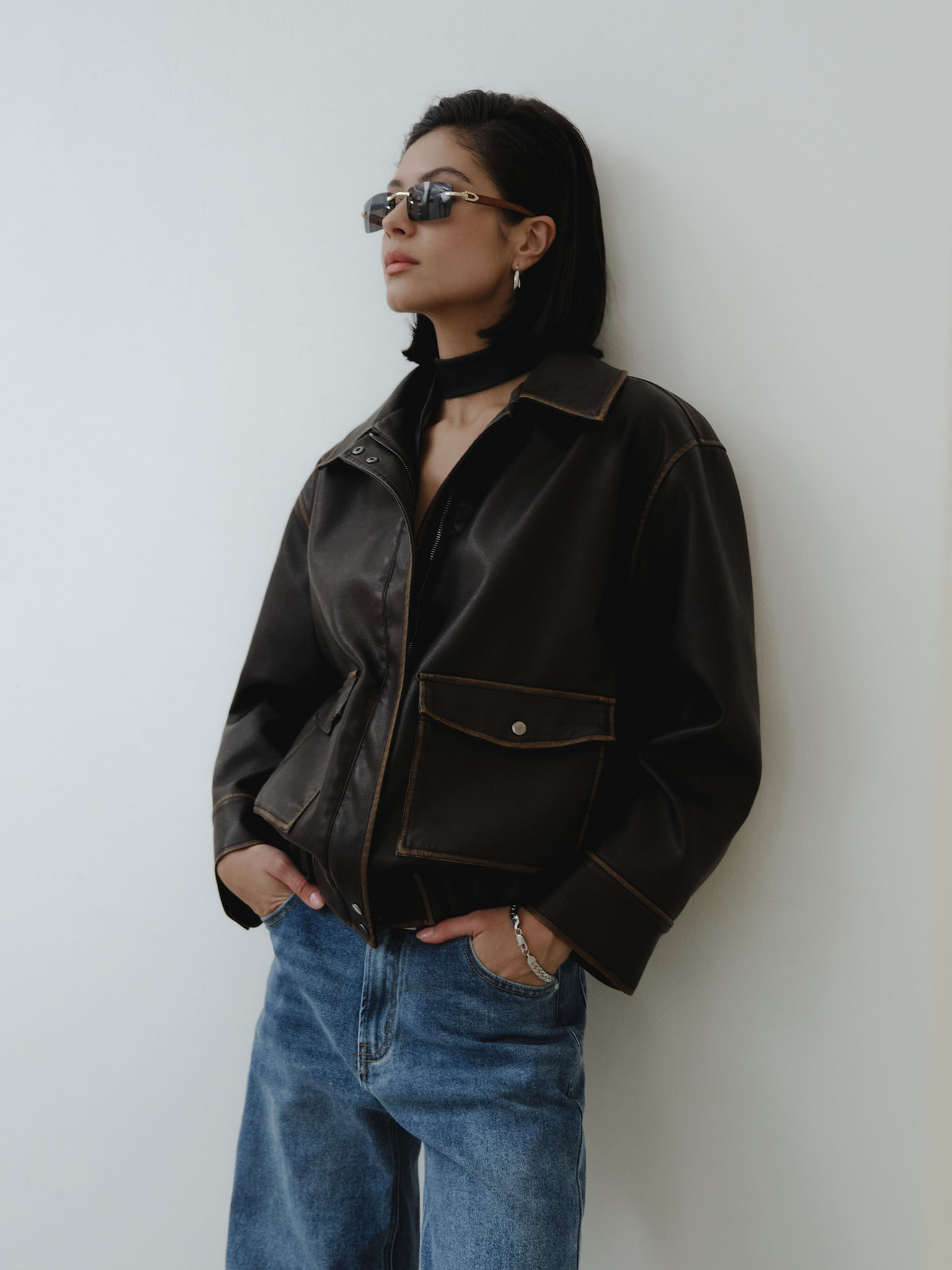Eco-leather jacket with patch pockets