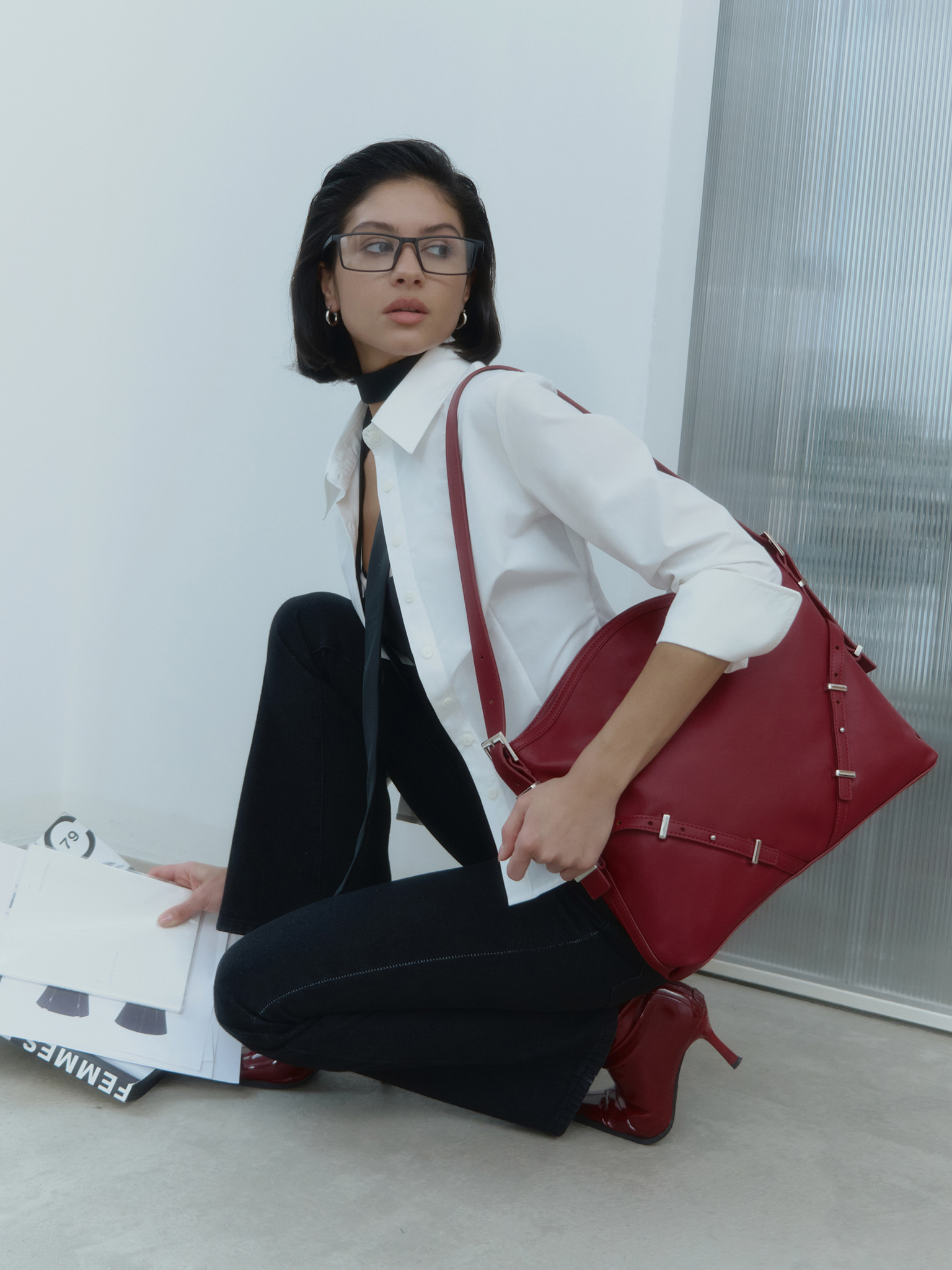 Rectangular eco-leather bag with metal decor