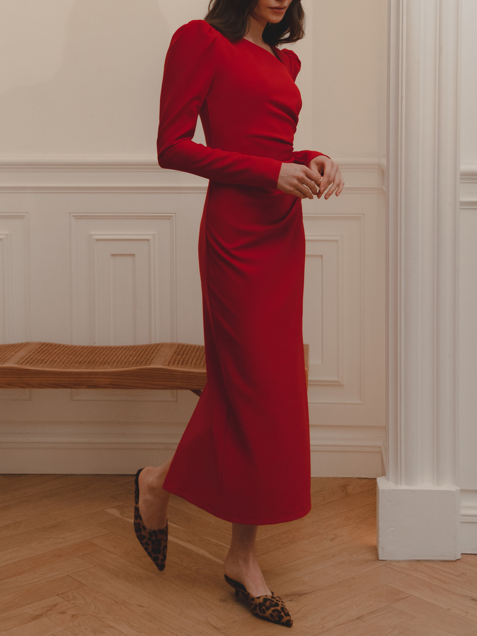 Fitted midi dress with asymmetric neckline