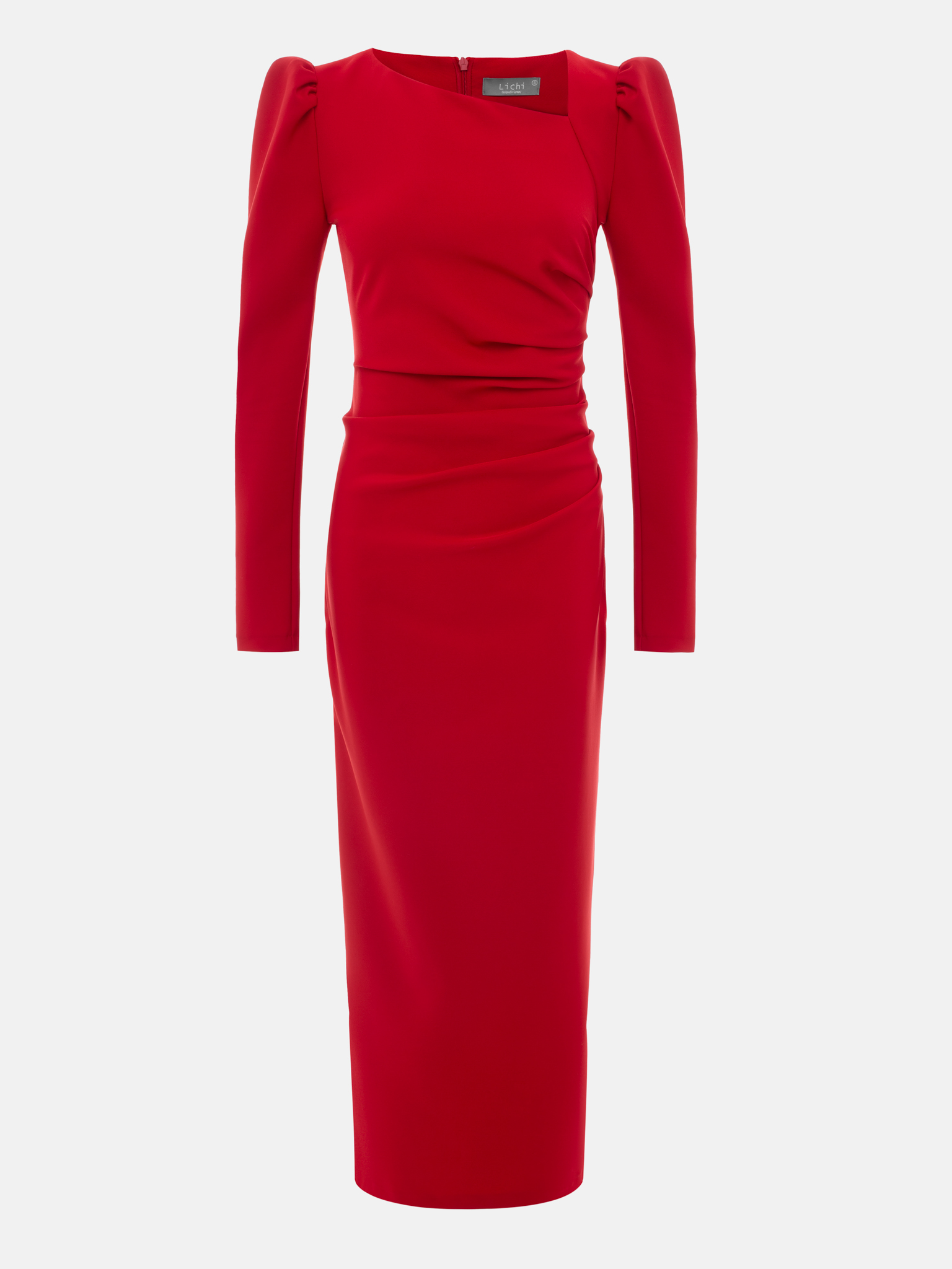 Fitted midi dress with asymmetric neckline