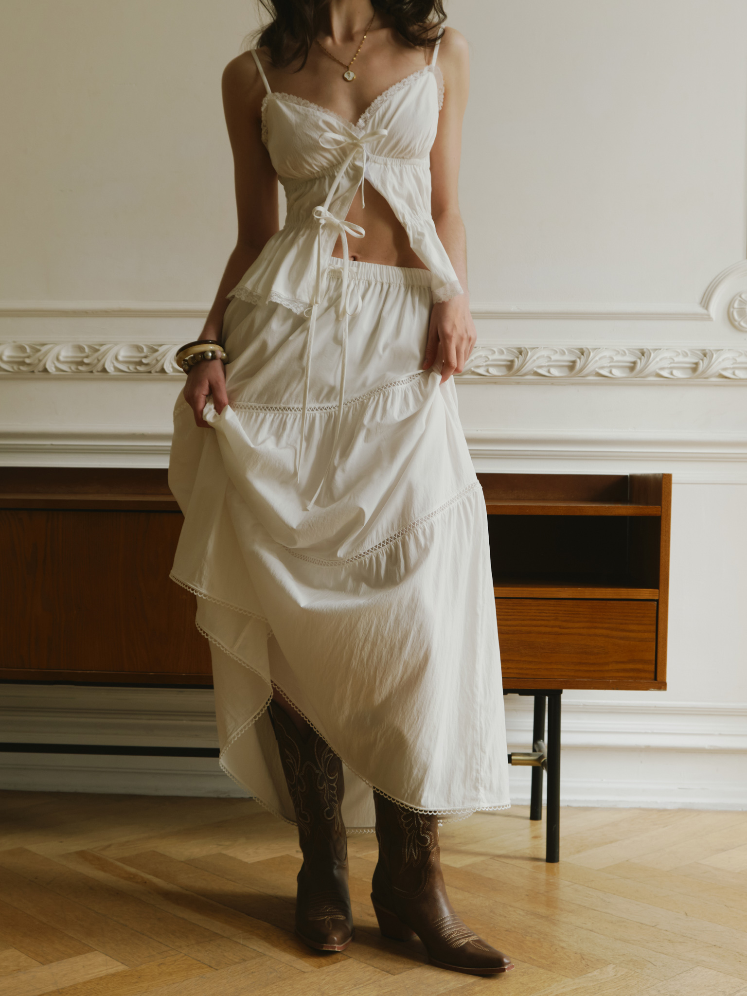 Layered maxi skirt with waist ties