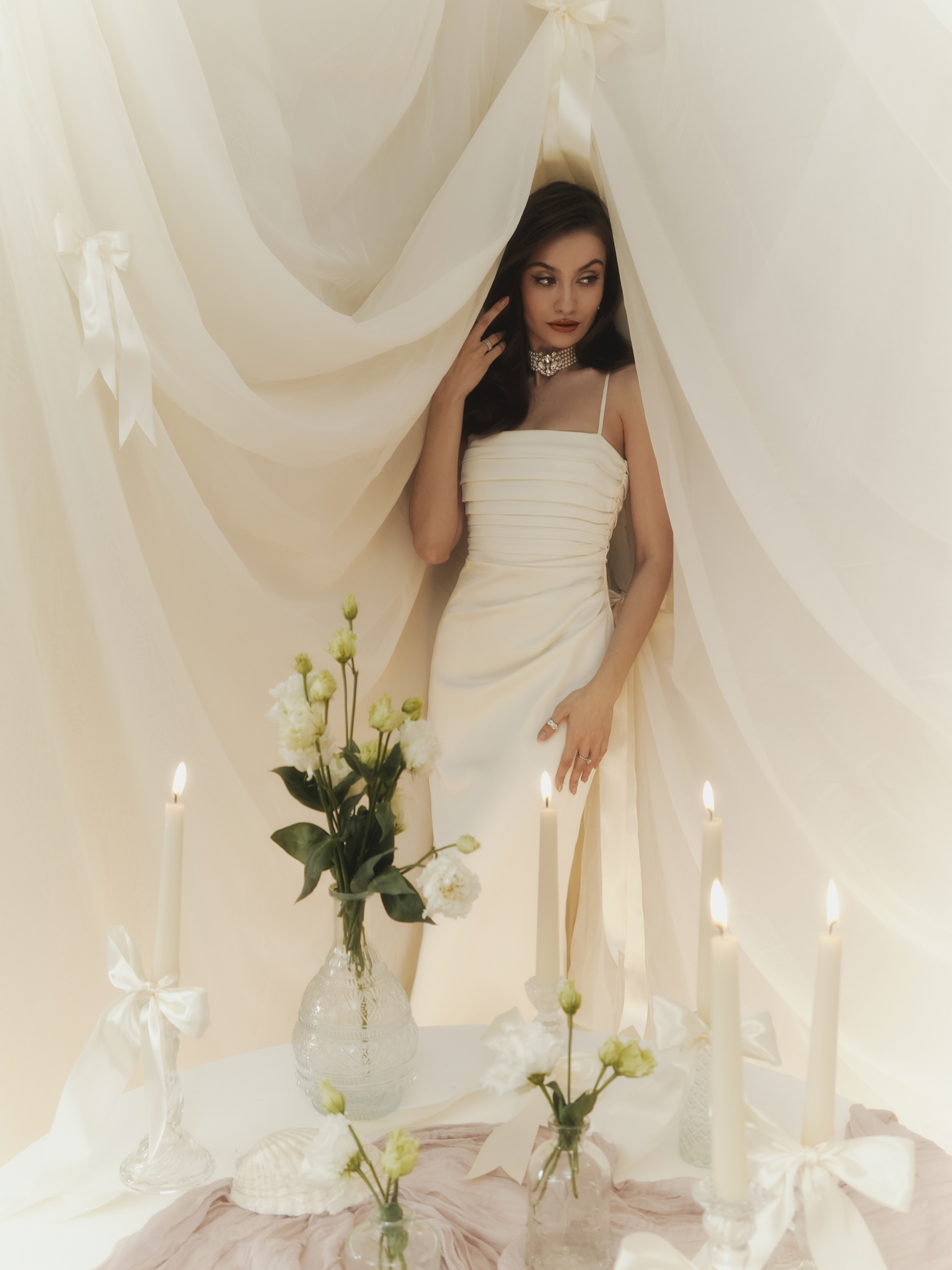 Satin strappy maxi dress with bodice pleats