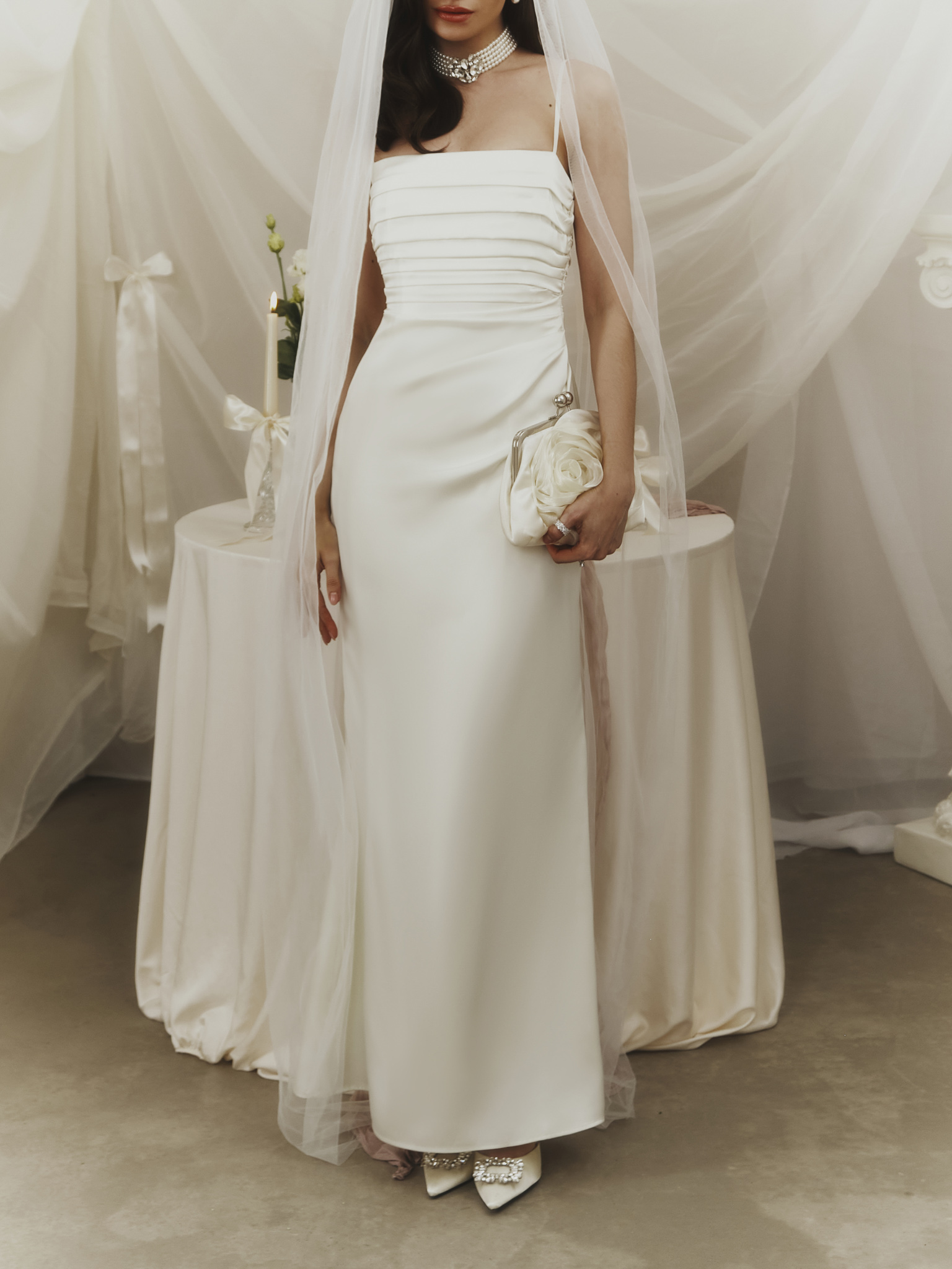 Satin strappy maxi dress with bodice pleats