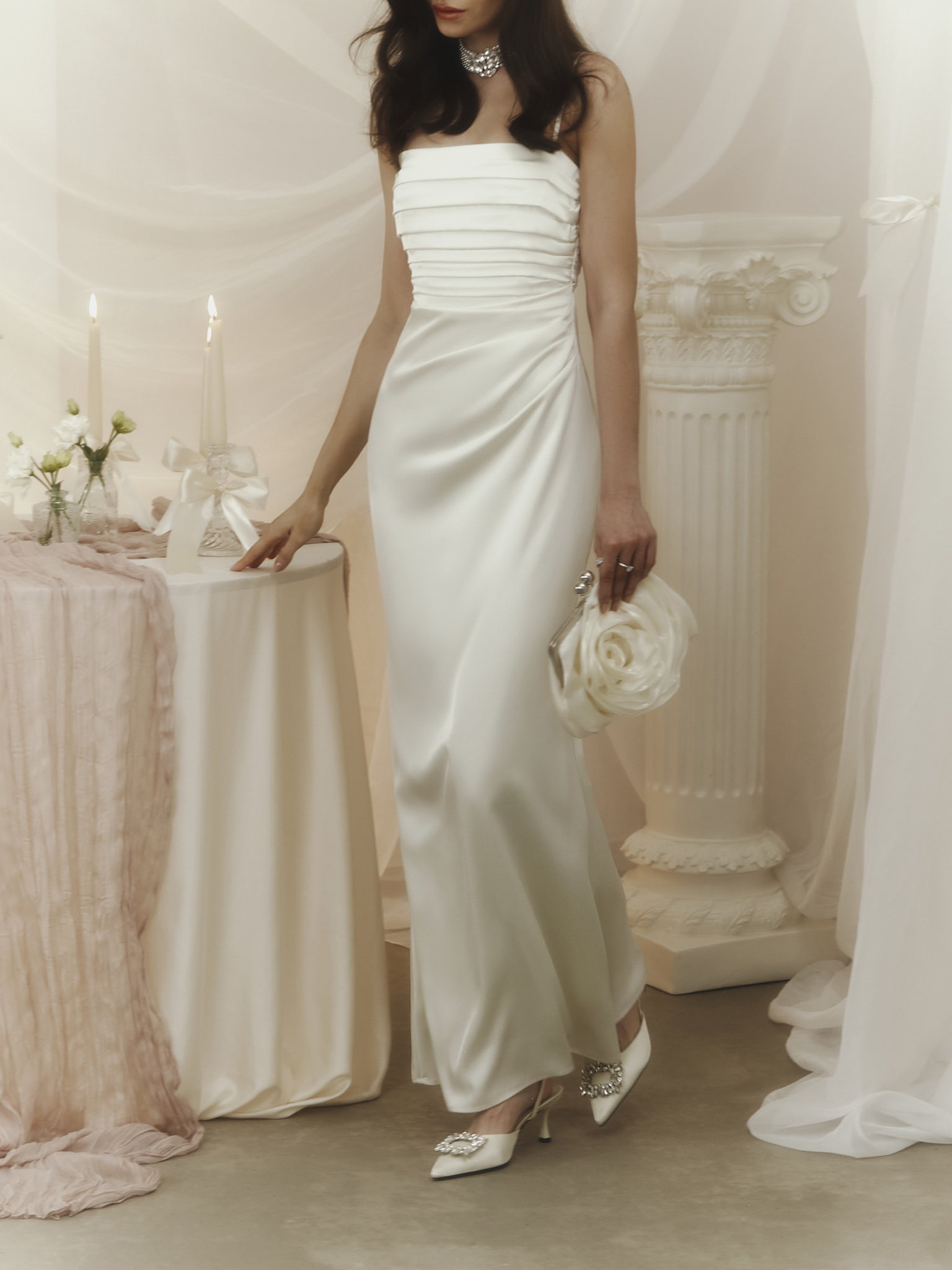 Satin strappy maxi dress with bodice pleats