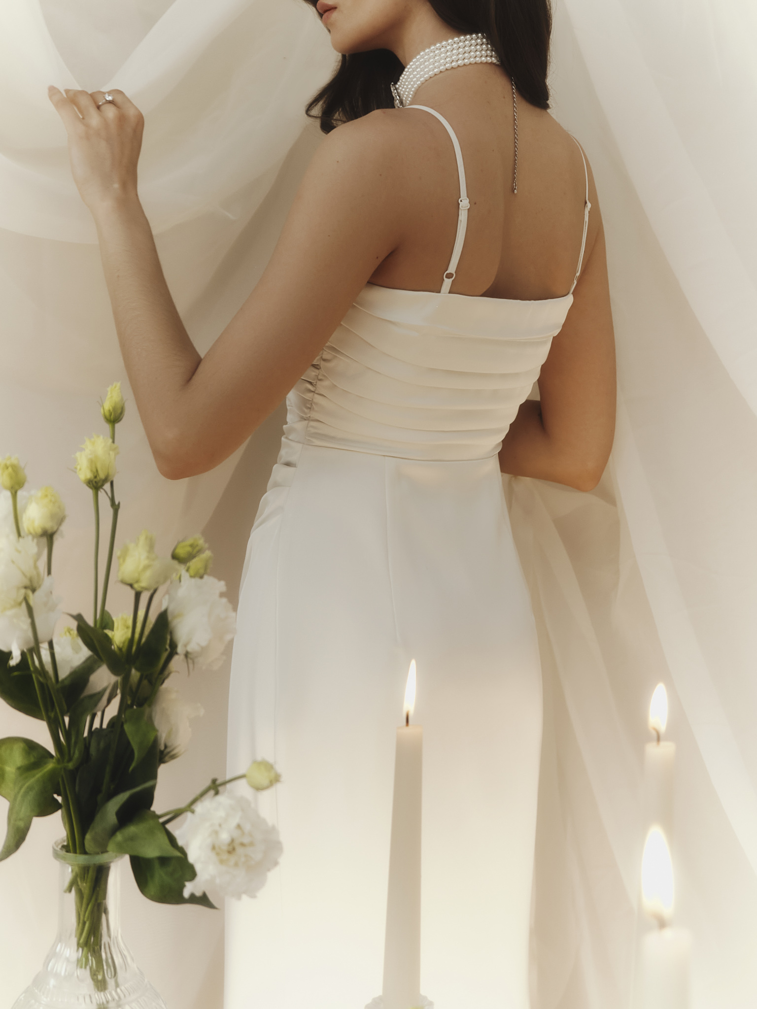 Satin strappy maxi dress with bodice pleats