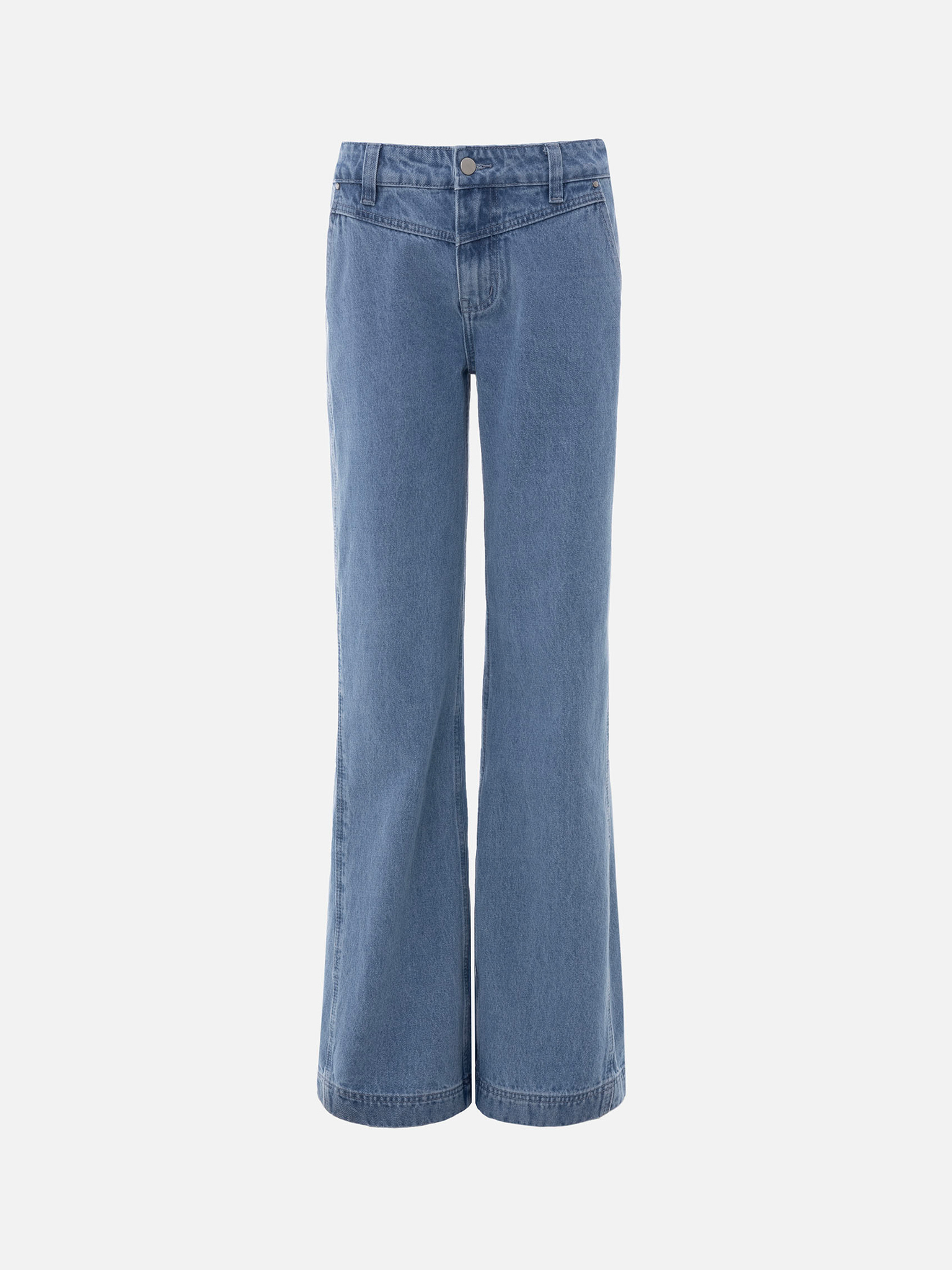 Flared jeans with triangle inset at waistband