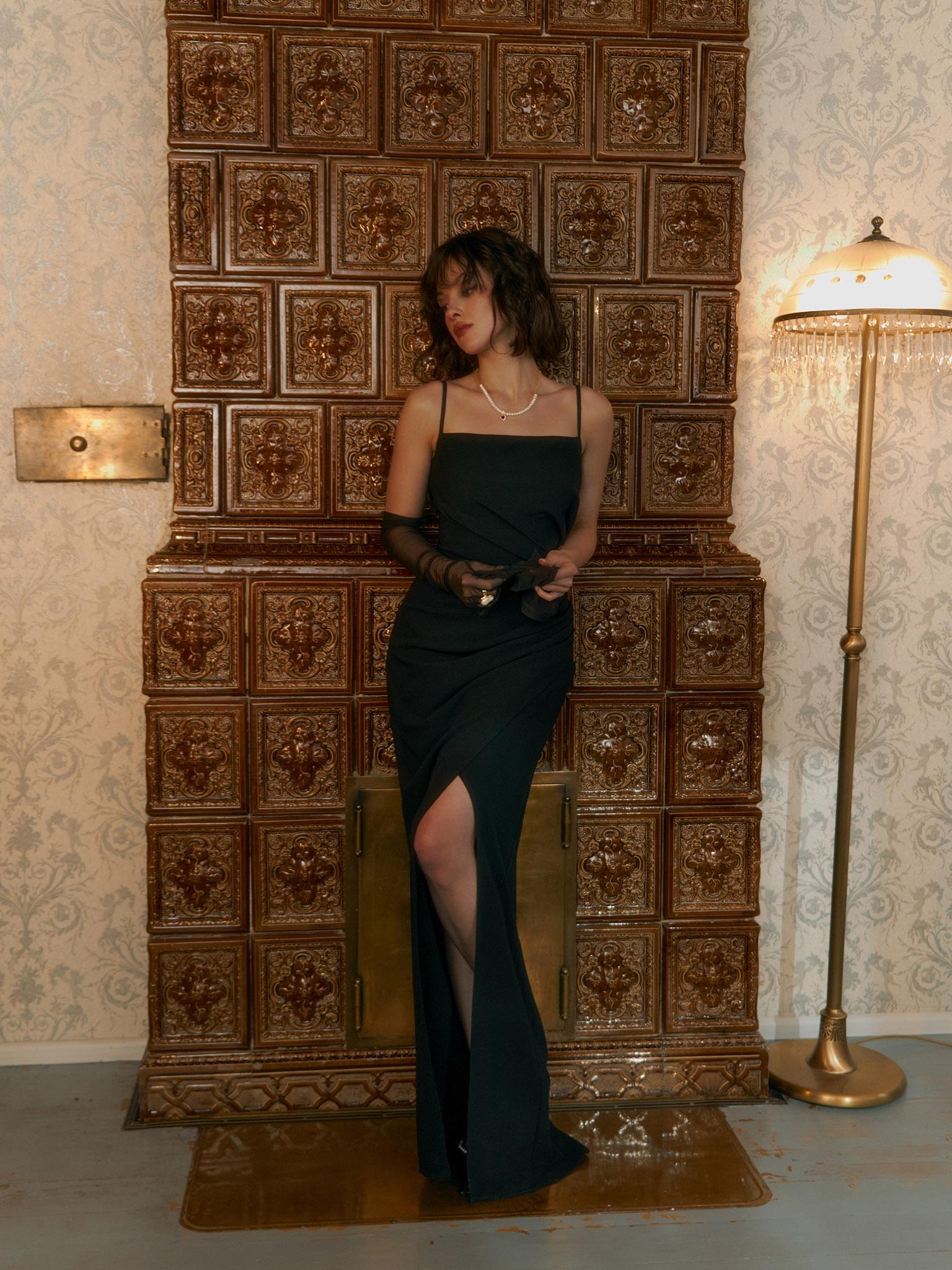 Fitted maxi dress with straps and asymmetrical gathers