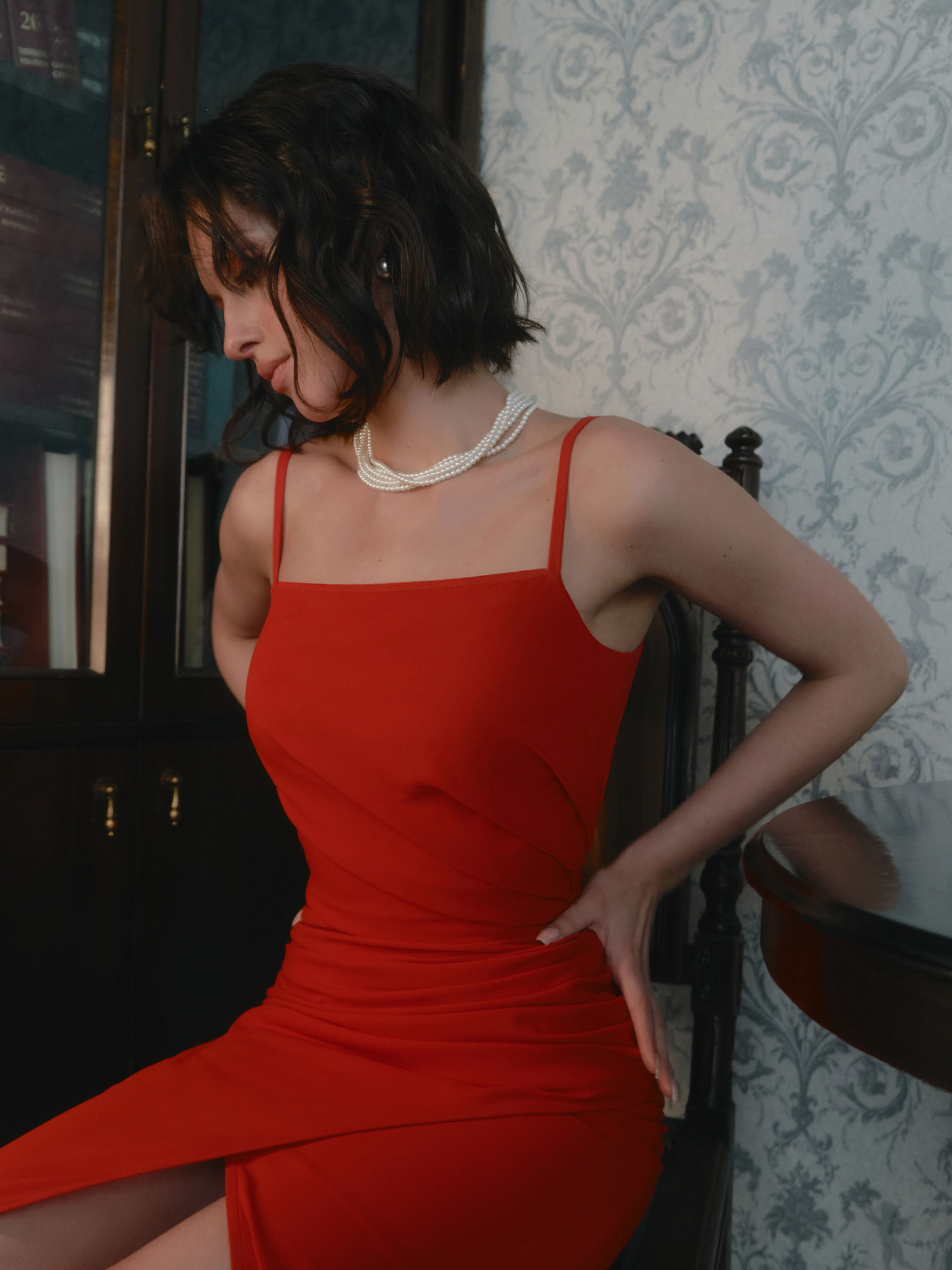 Fitted maxi dress with straps and asymmetrical gathers