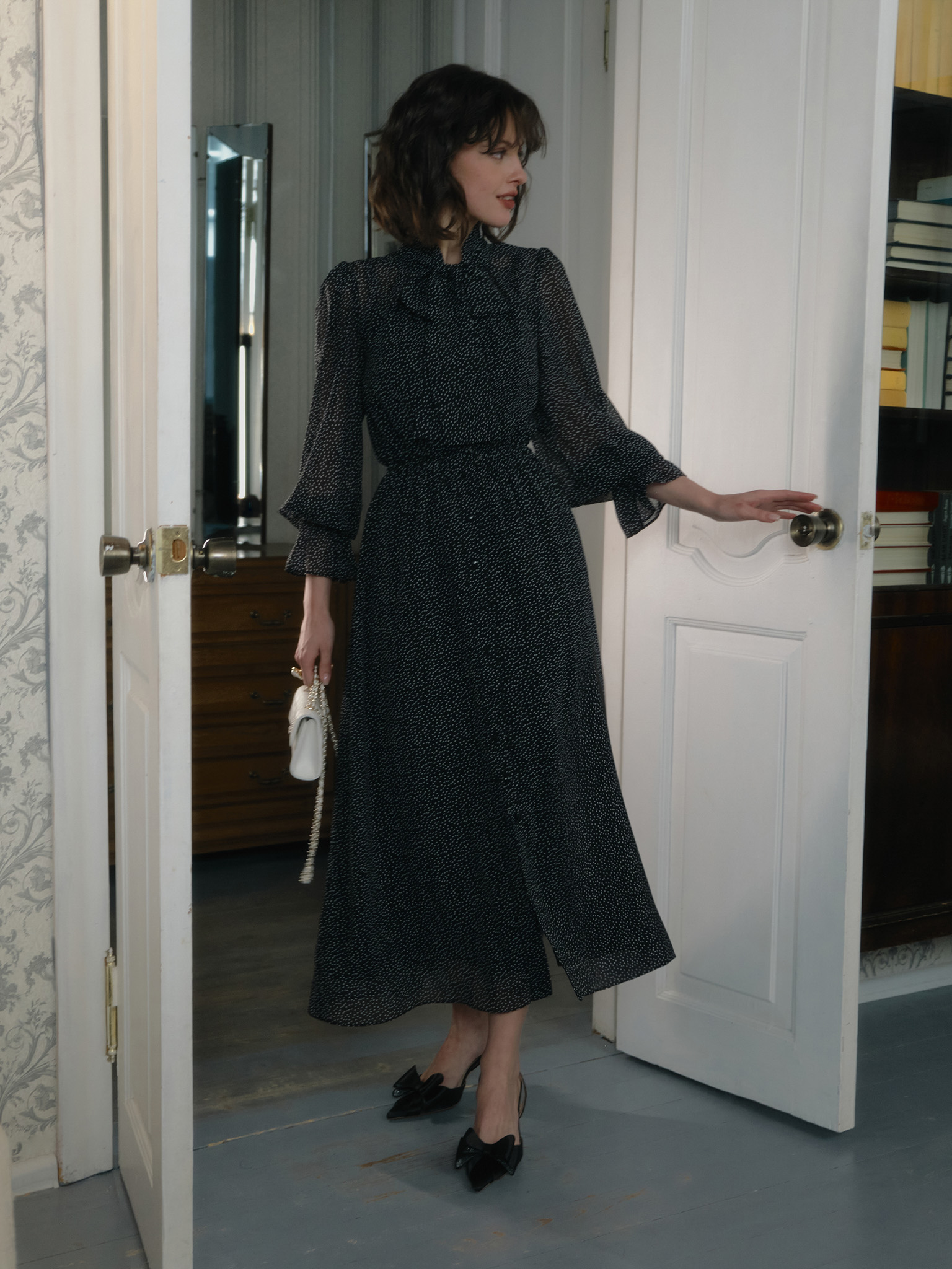 Lightweight polka dot midi dress with collar bow