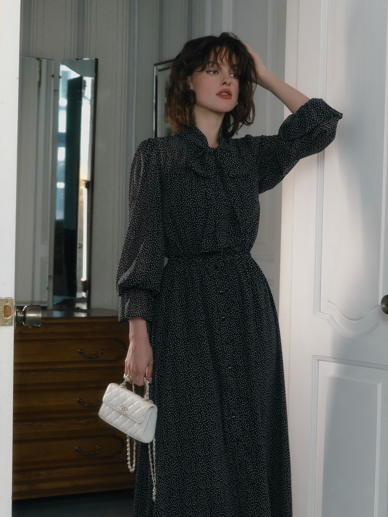 Lightweight polka dot midi dress with collar bow