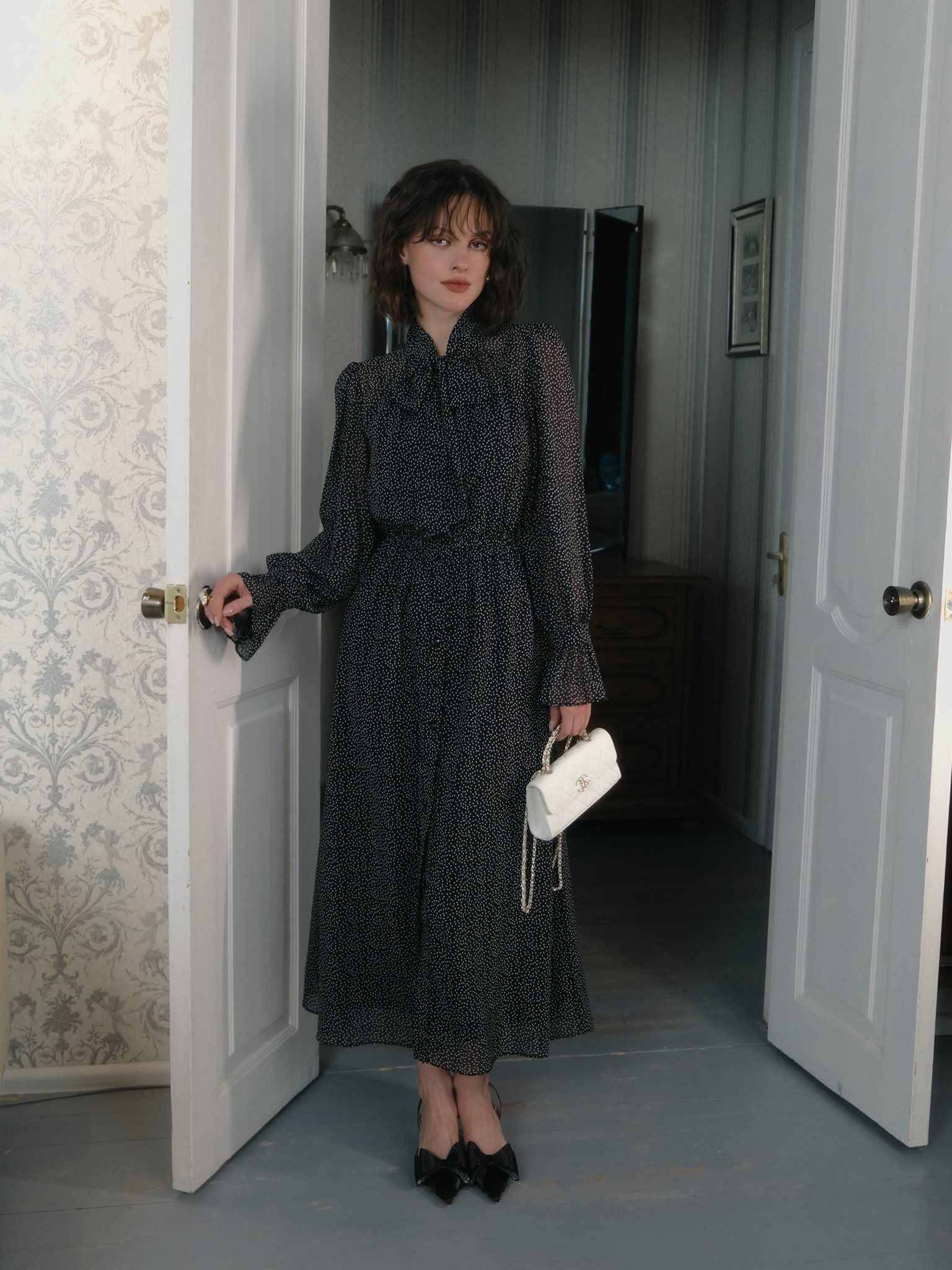 Lightweight polka dot midi dress with collar bow