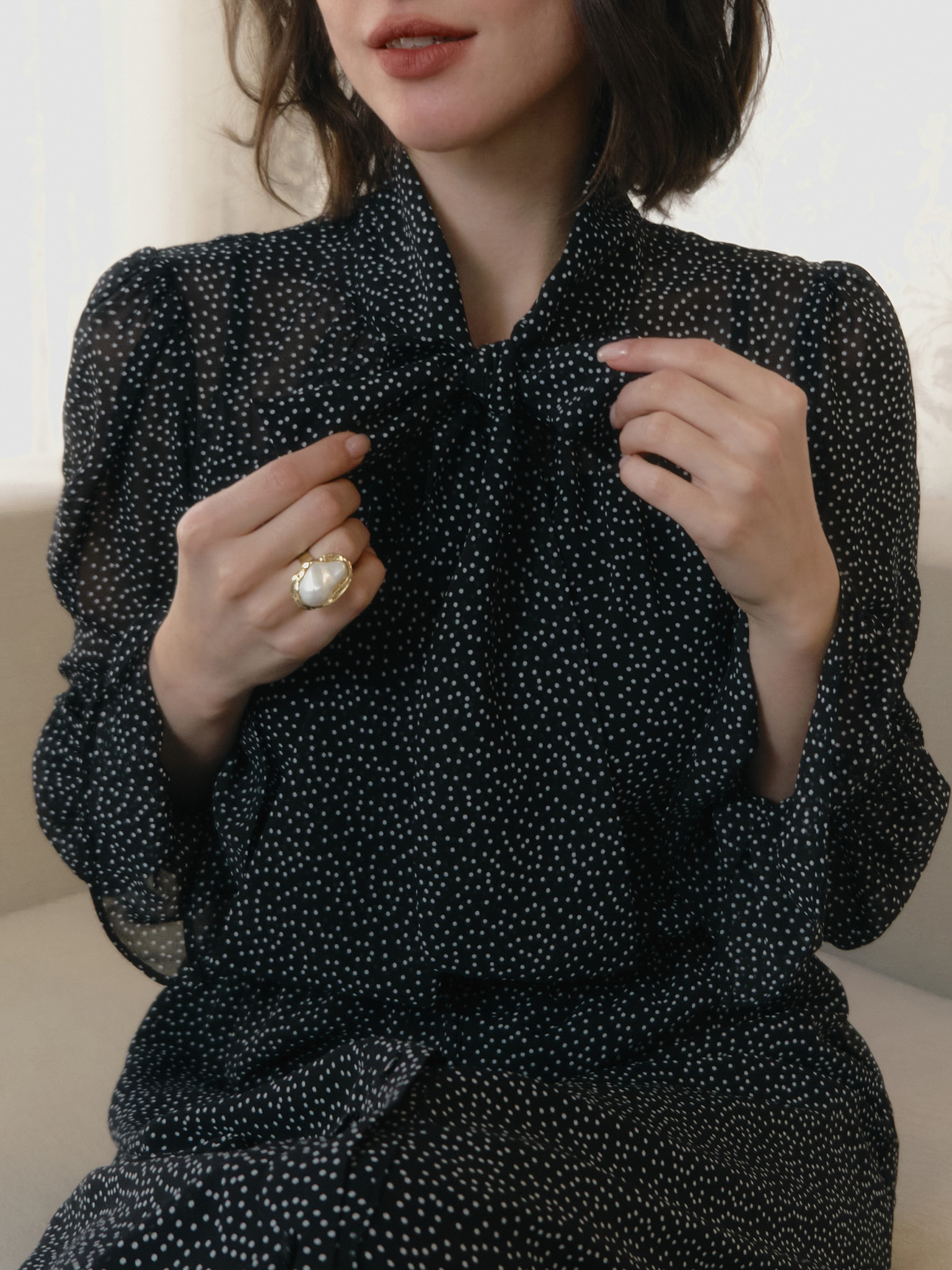 Lightweight polka dot midi dress with collar bow