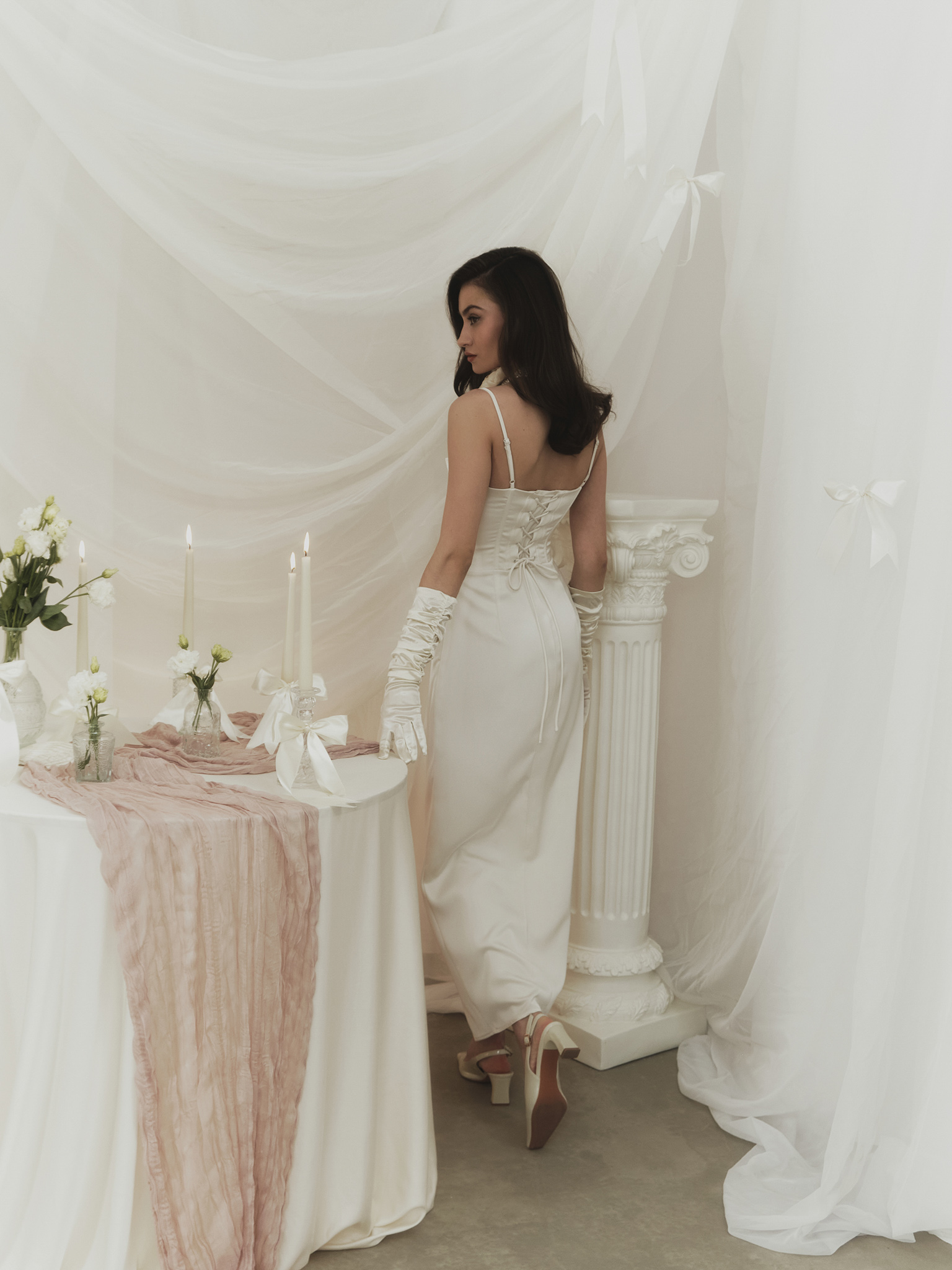 Midi combination dress with waist corset insert