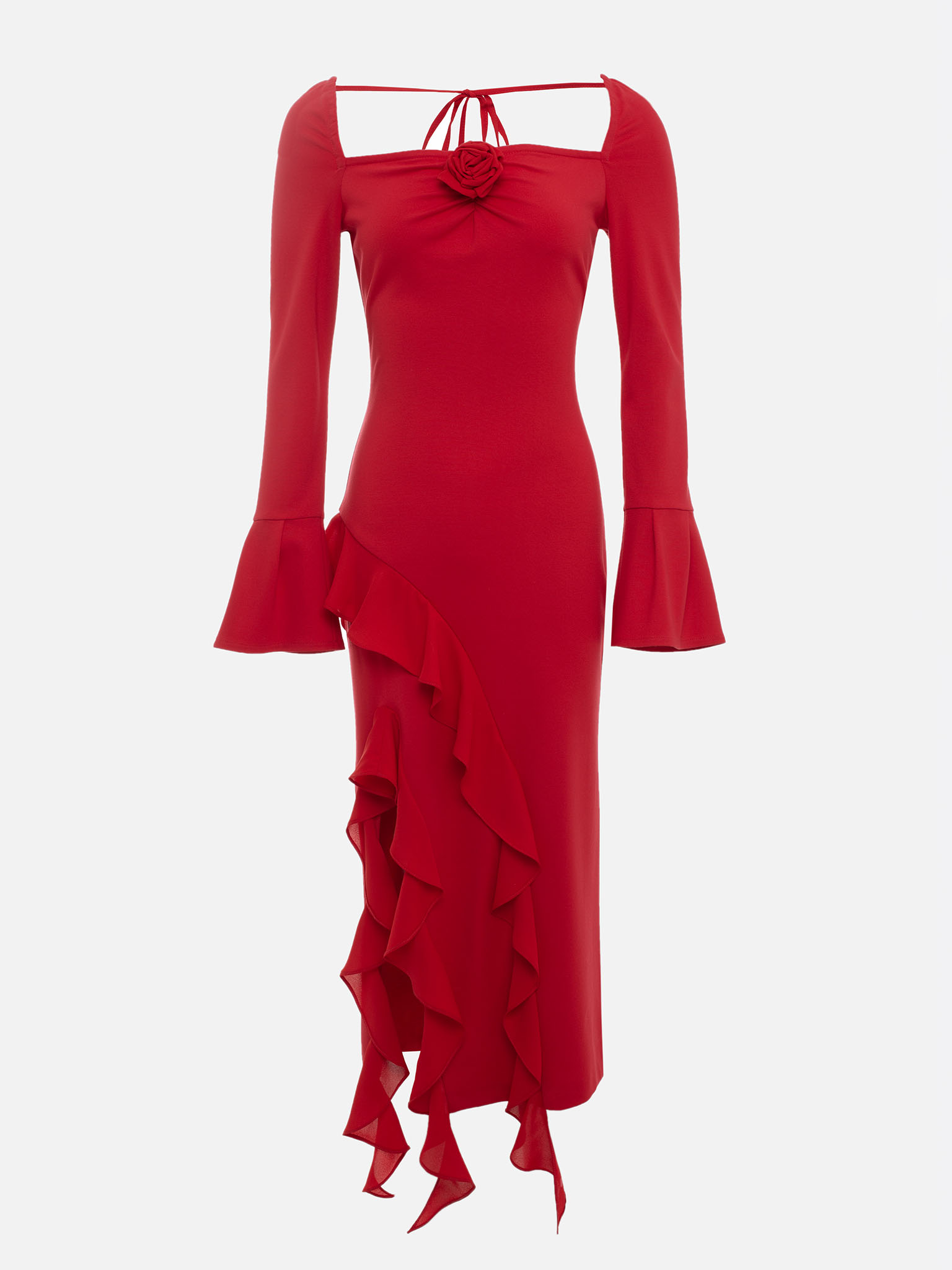 Midi dress with flounces on the cuffs and skirt