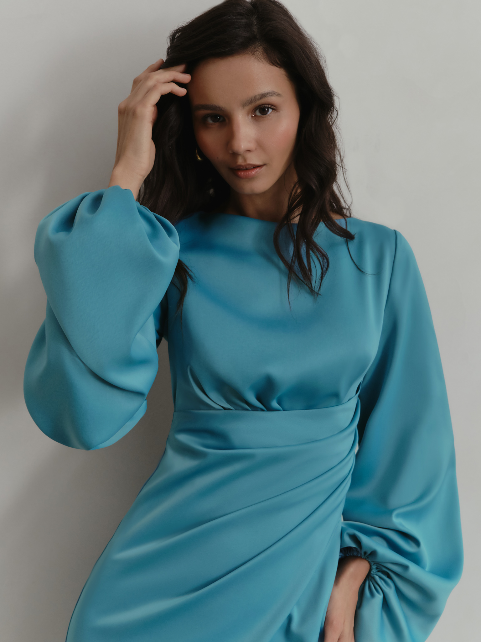 Satin midi dress with front drapery