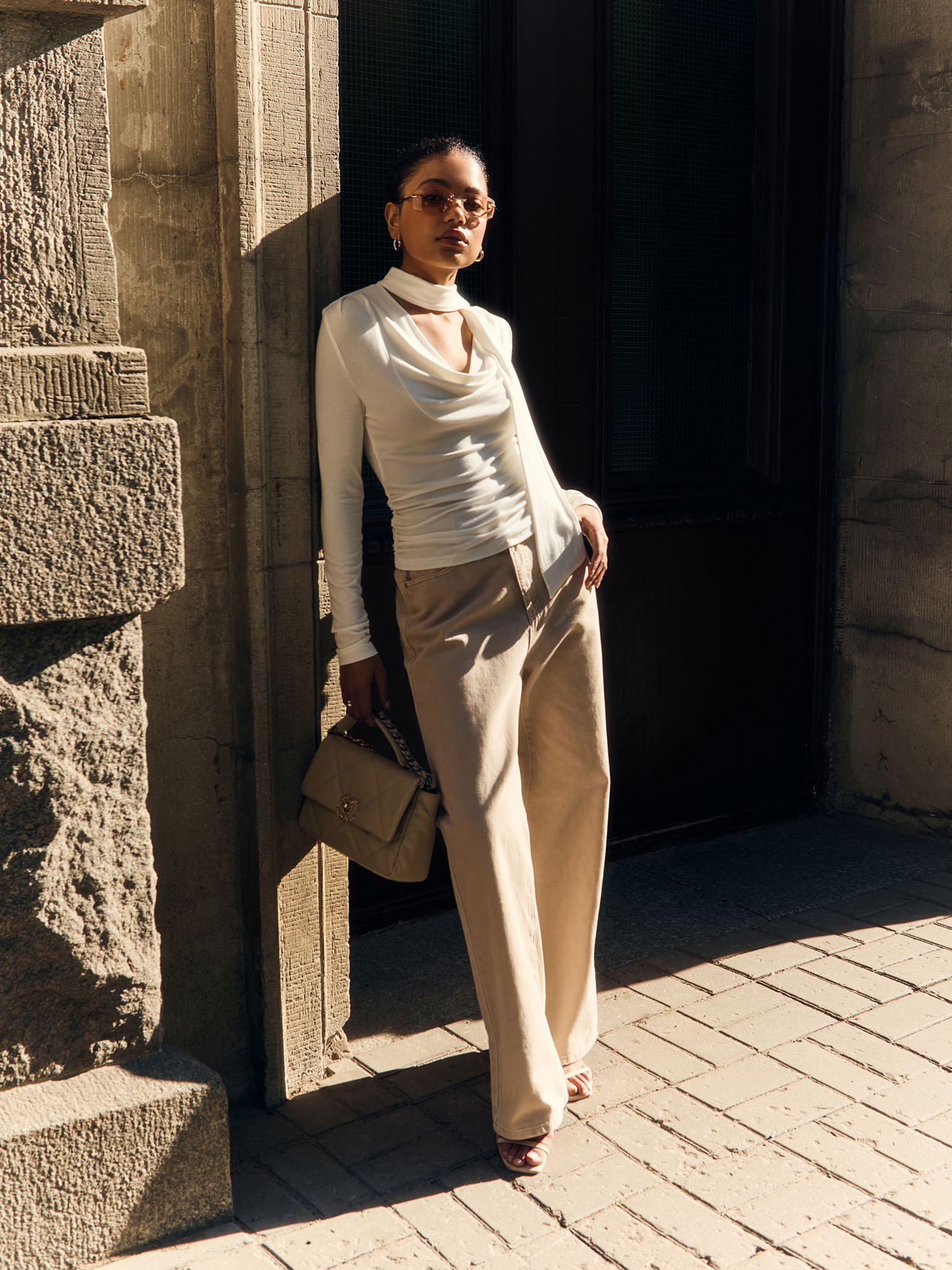 Jersey top with draped neckline and ribbon scarf