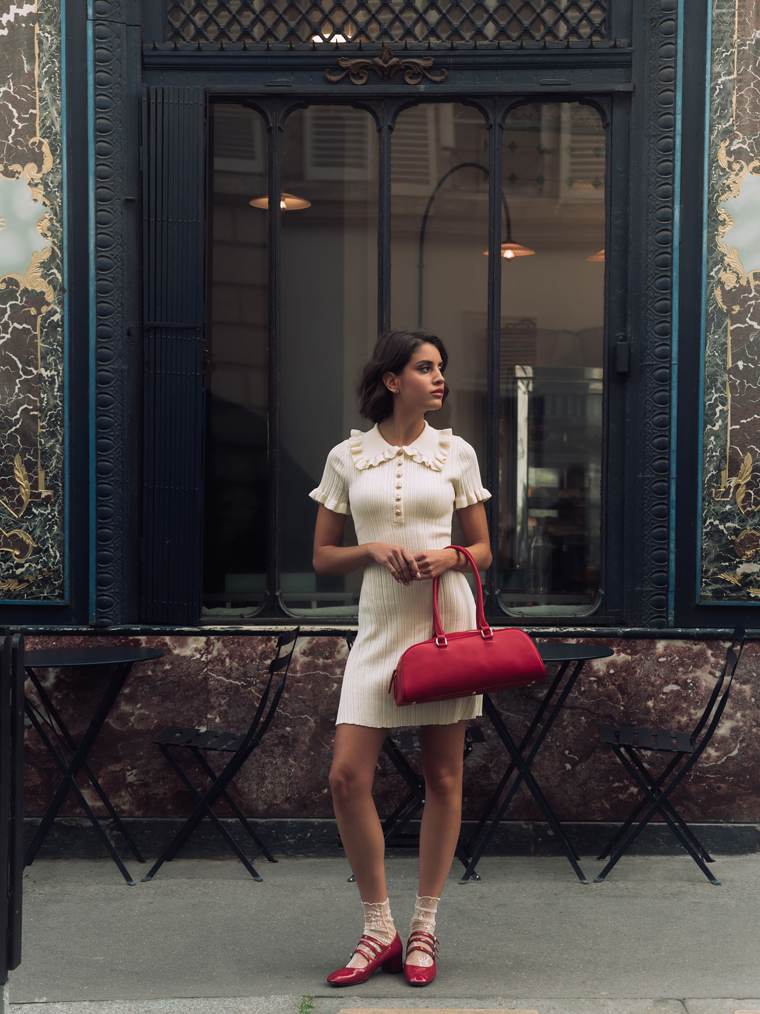 Knitted mini dress with voluminous collar