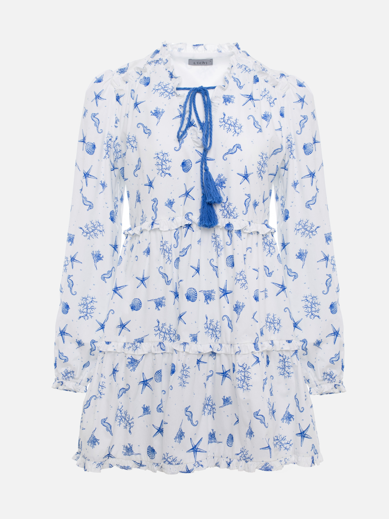 Layered mini dress with vibrant ties at the collar