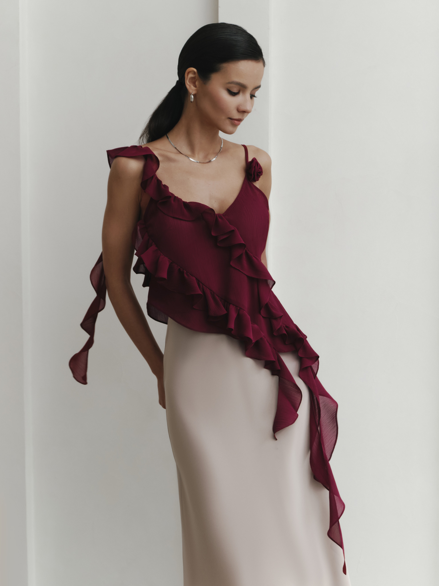 Chiffon top with diagonal flounces