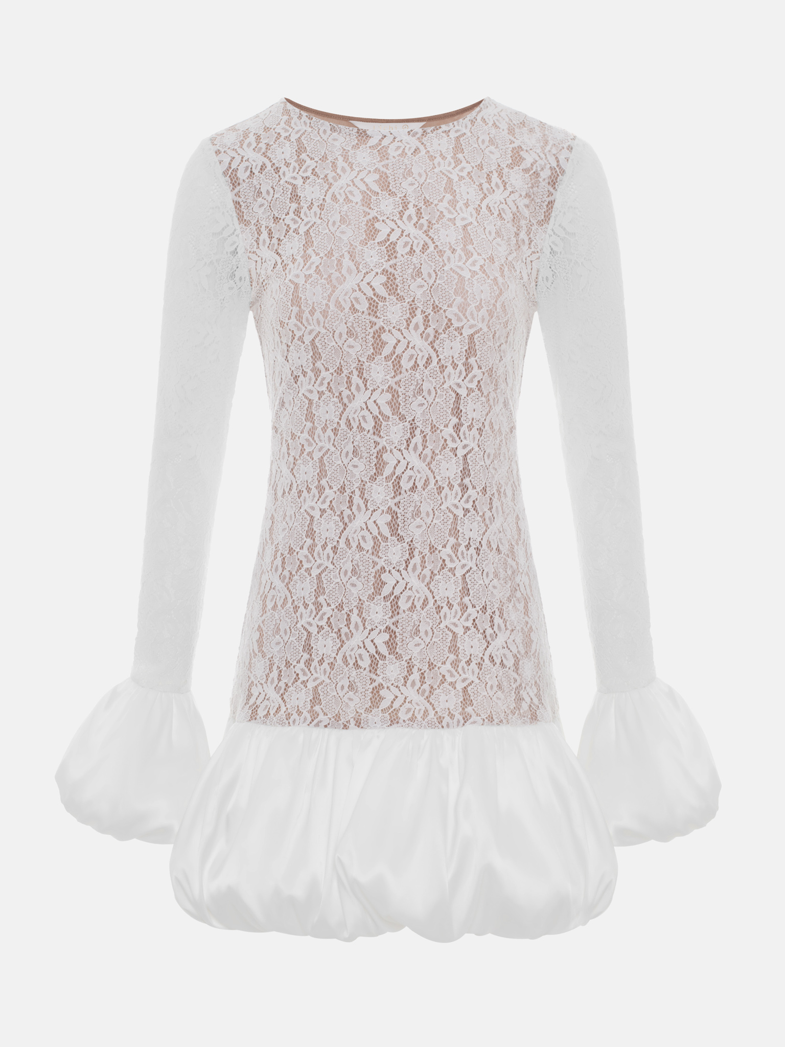 Lace mini dress with voluminous cuffs and balloon skirt