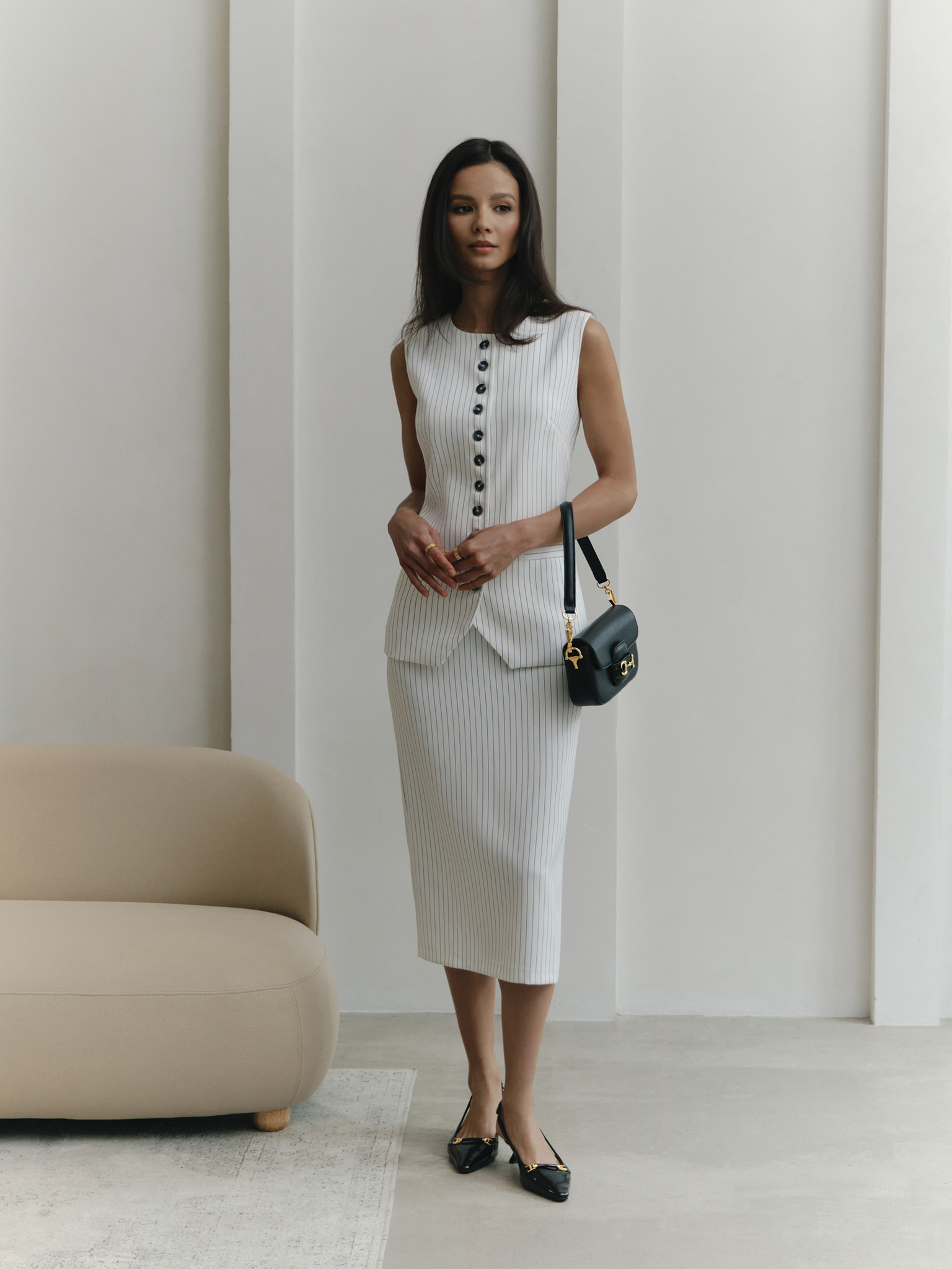 Striped midi skirt with high slit