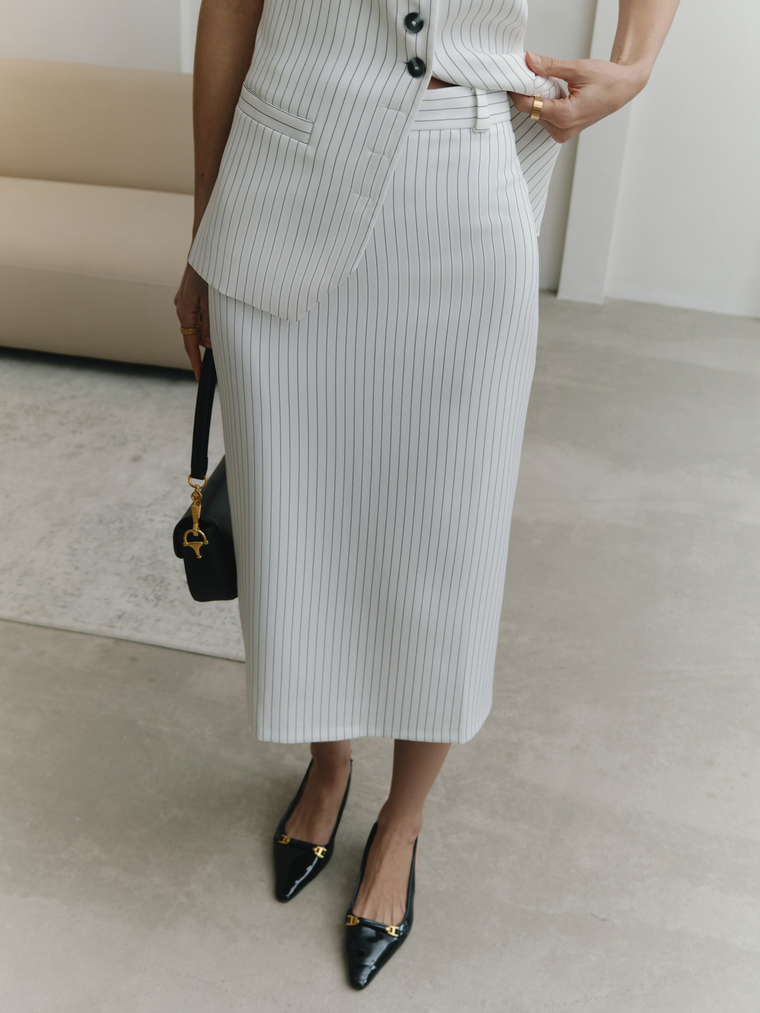 Striped midi skirt with high slit