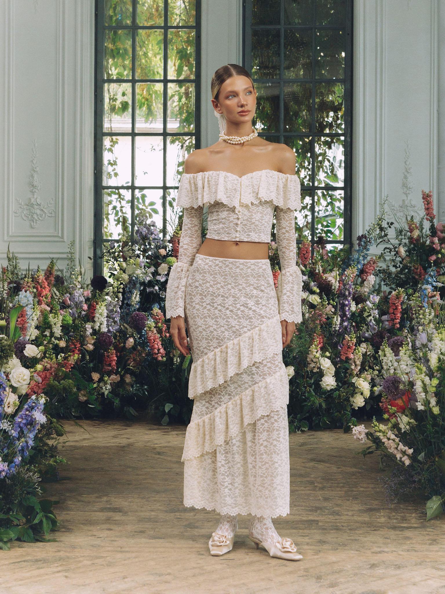 Lace maxi skirt with diagonal flounces