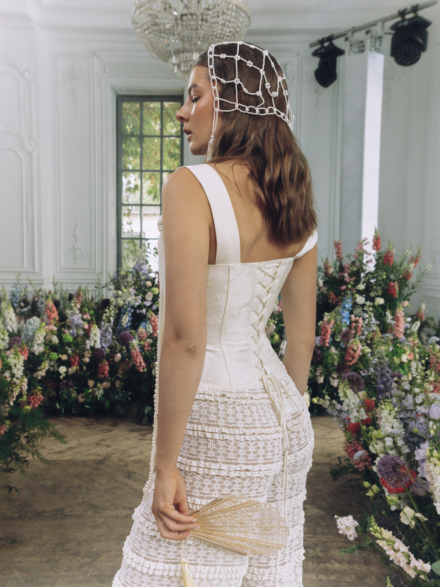 Wide-strapped satin bustier top with floral pattern